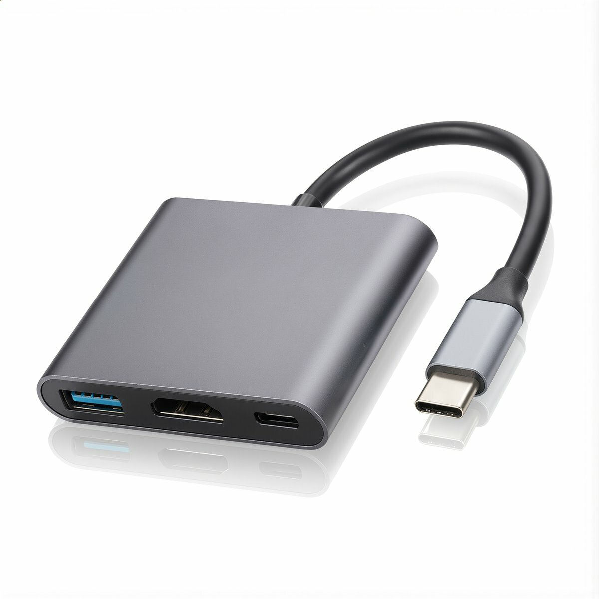 Хаб Type-C 3 в 1 компактного размера для ноутбуков с портом USB-C, HDMI 4K и поддержкой передачи данных USB 3.0 с функцией PD зарядки, Черная линия, серый цвет