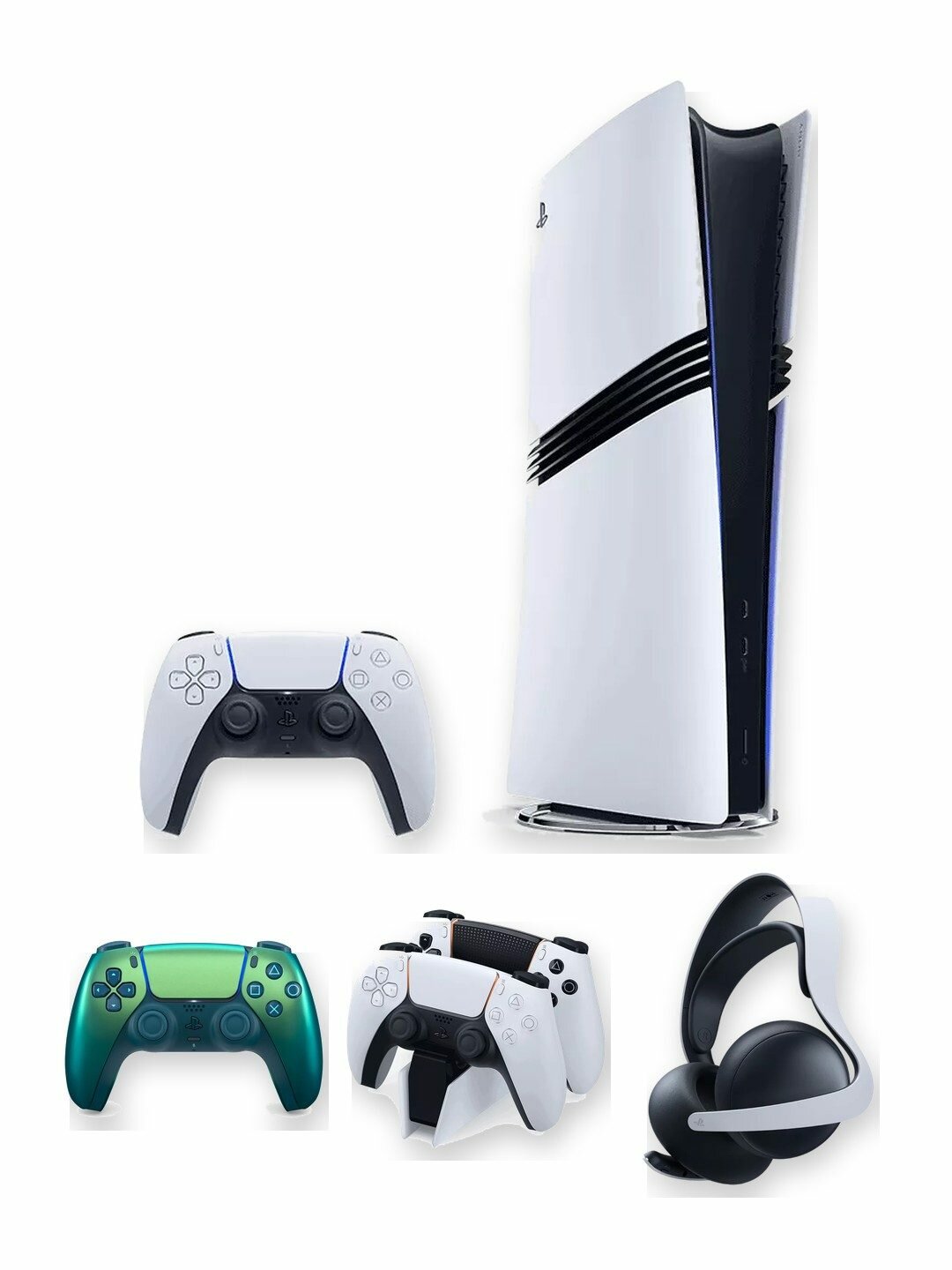 Игровая приставка Sony PlayStation 5 Pro 2 ТБ без дисковода, белая, европейская версия + 2-й геймпад DualSense Chroma Teal + зарядная станция + гарнитура Pulse Elite