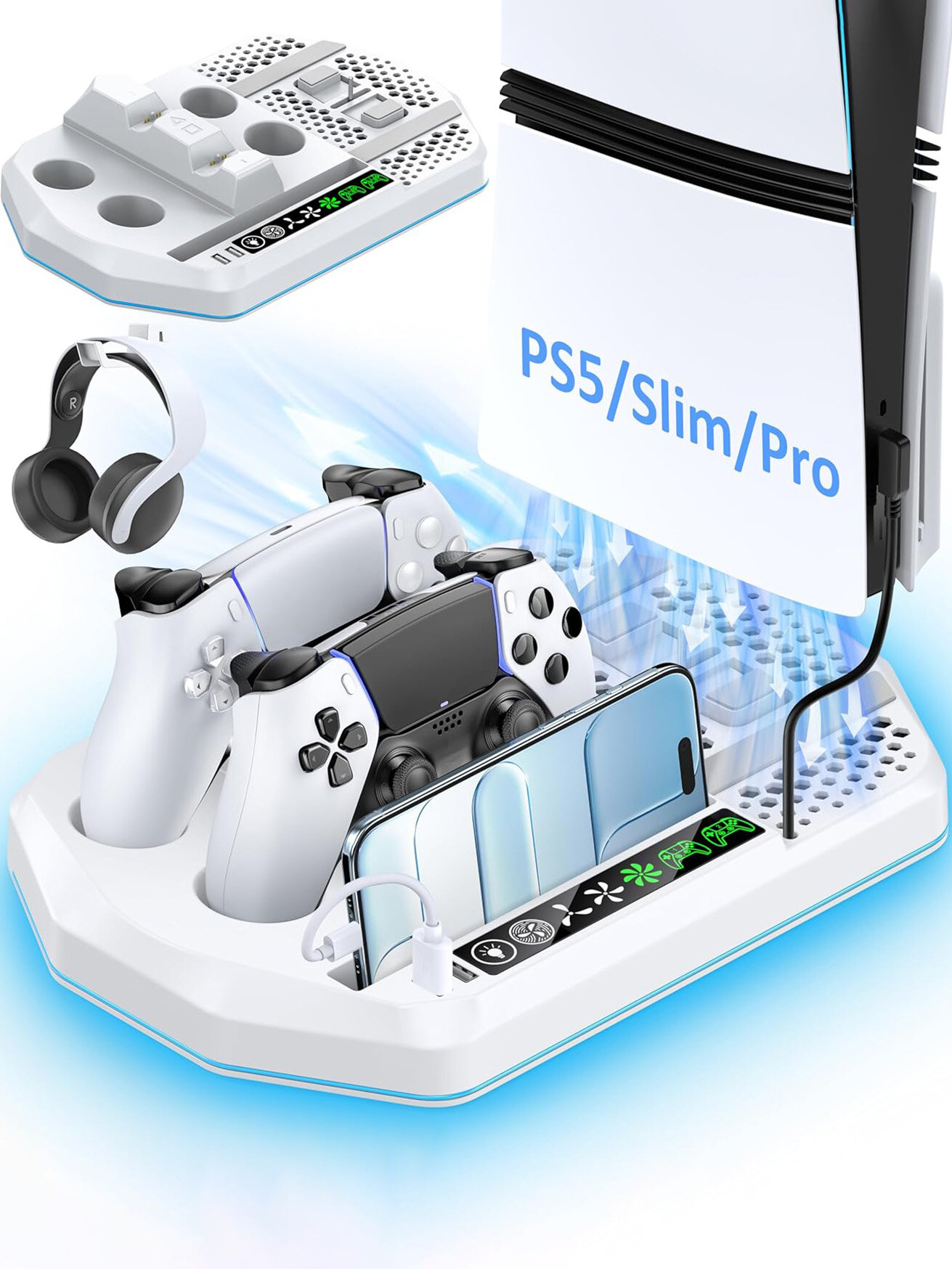 Подставка для PS5/Slim/Pro (дисковые и цифровые) с охлаждением и зарядкой двух контроллеров
