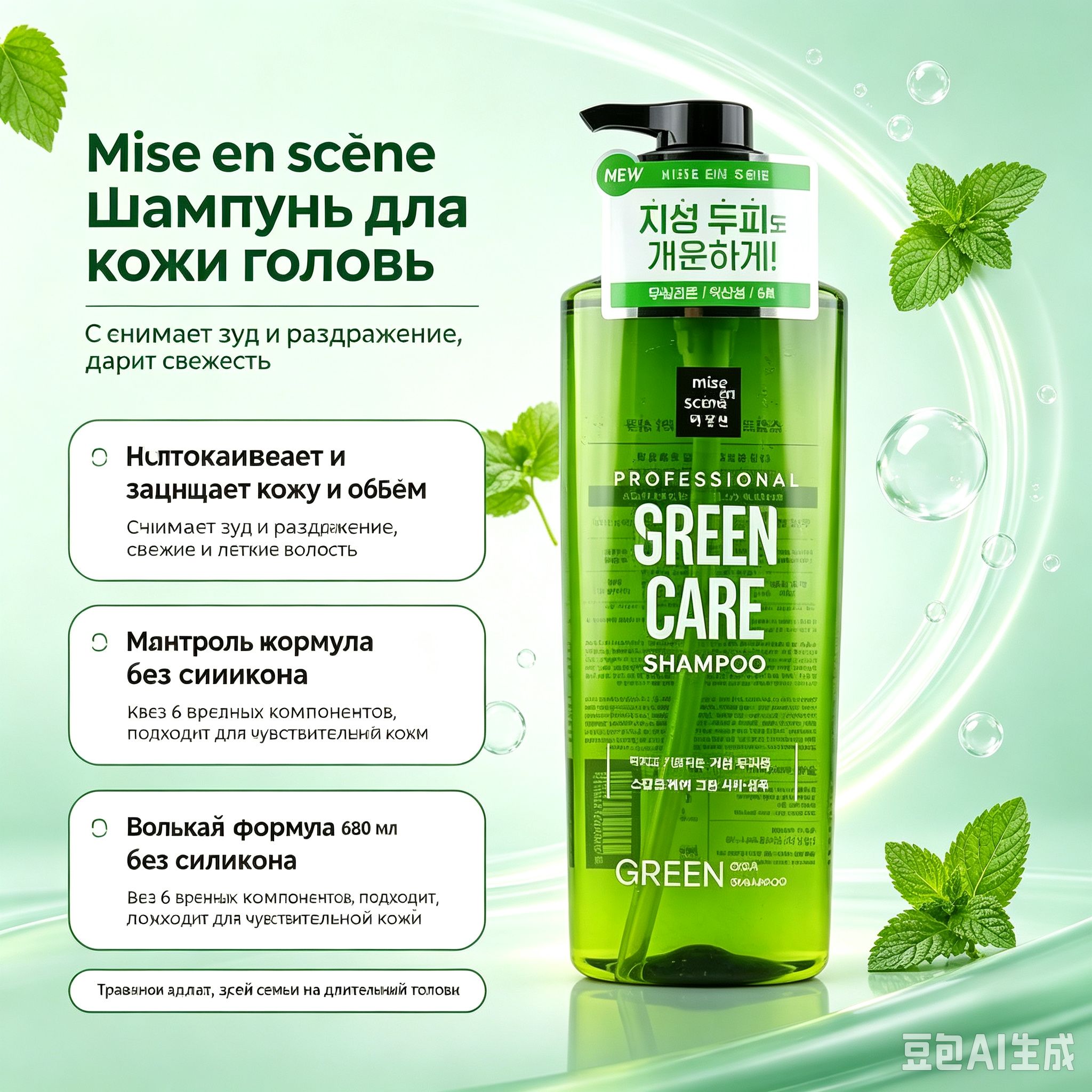 Шампунь Mise en scne для ухода за кожей головы с экстрактом цика, для жирной и чувствительной кожи, охлаждающий, объём 680 мл