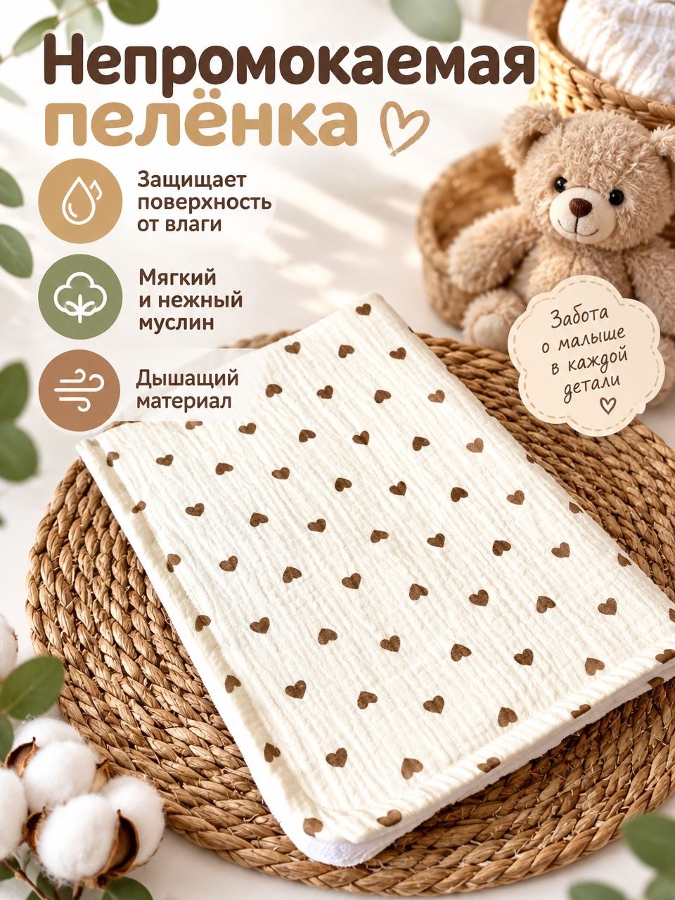 Муслиновая непромокаемая многоразовая пелёнка 60/90 см "Сердечки на бежевом"