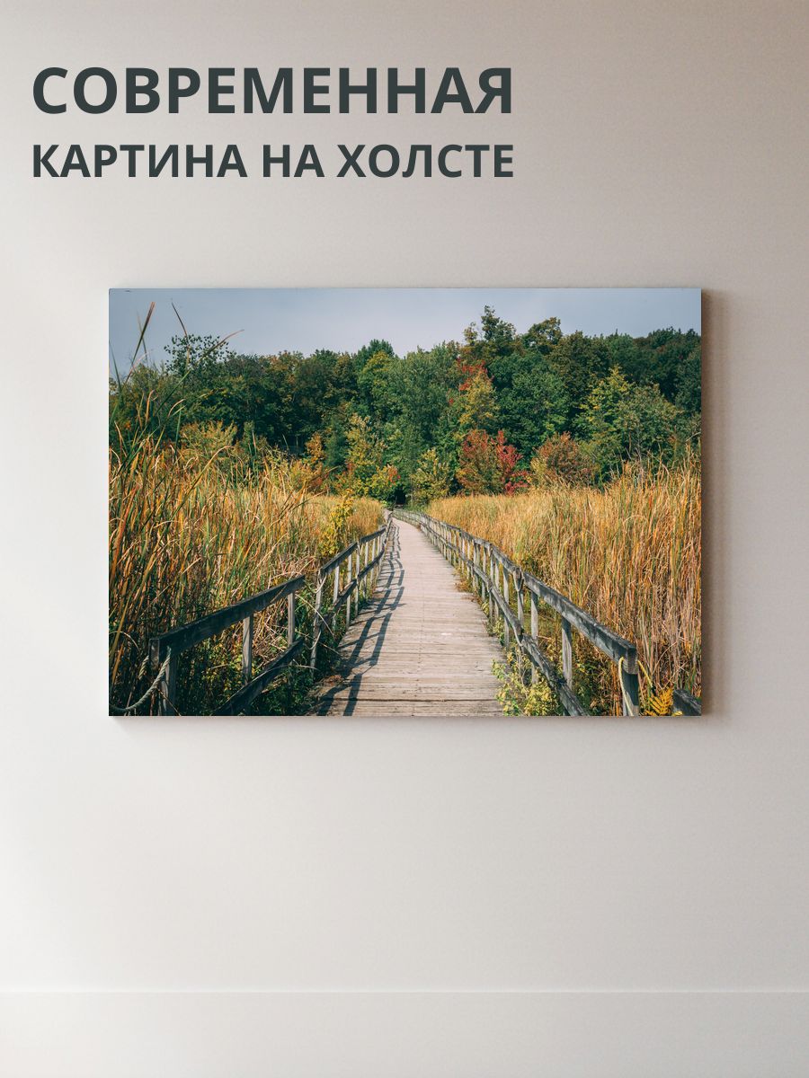 Картина на холсте Мост через реку в камышах 70x50 см