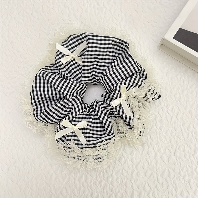Элегантная кружевная резинка для волос с бантом, клетчатый рисунок, черный цвет, мягкая ткань, прочная