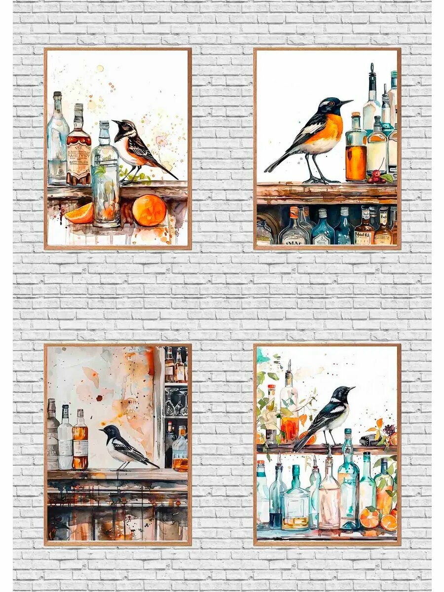 Трясогузка-птица-бармен, 4 Плаката, 30x21см