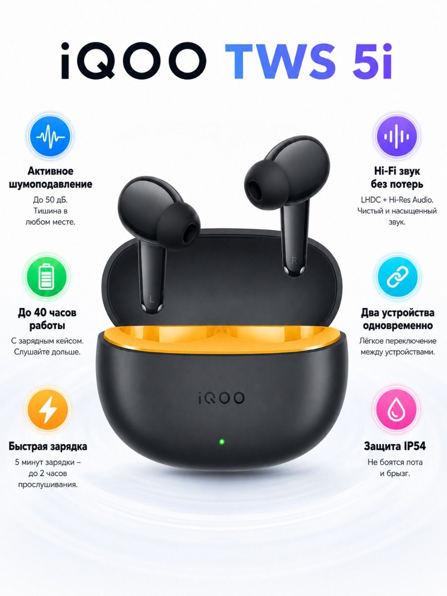 IQOO Наушники беспроводные с микрофоном, Bluetooth, USB Type-C, черный