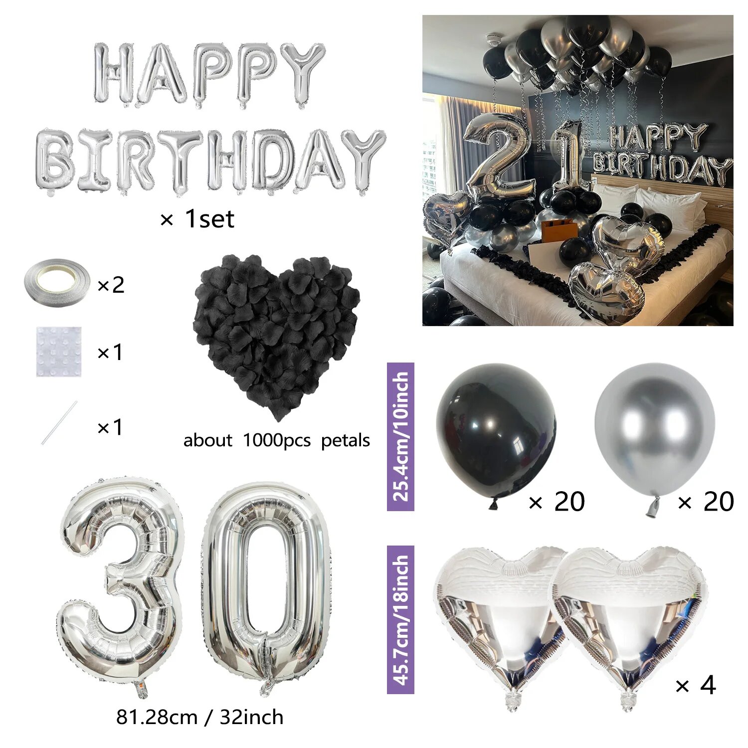 Сердечный шарик из фольги черный серебристый Black Silver 30