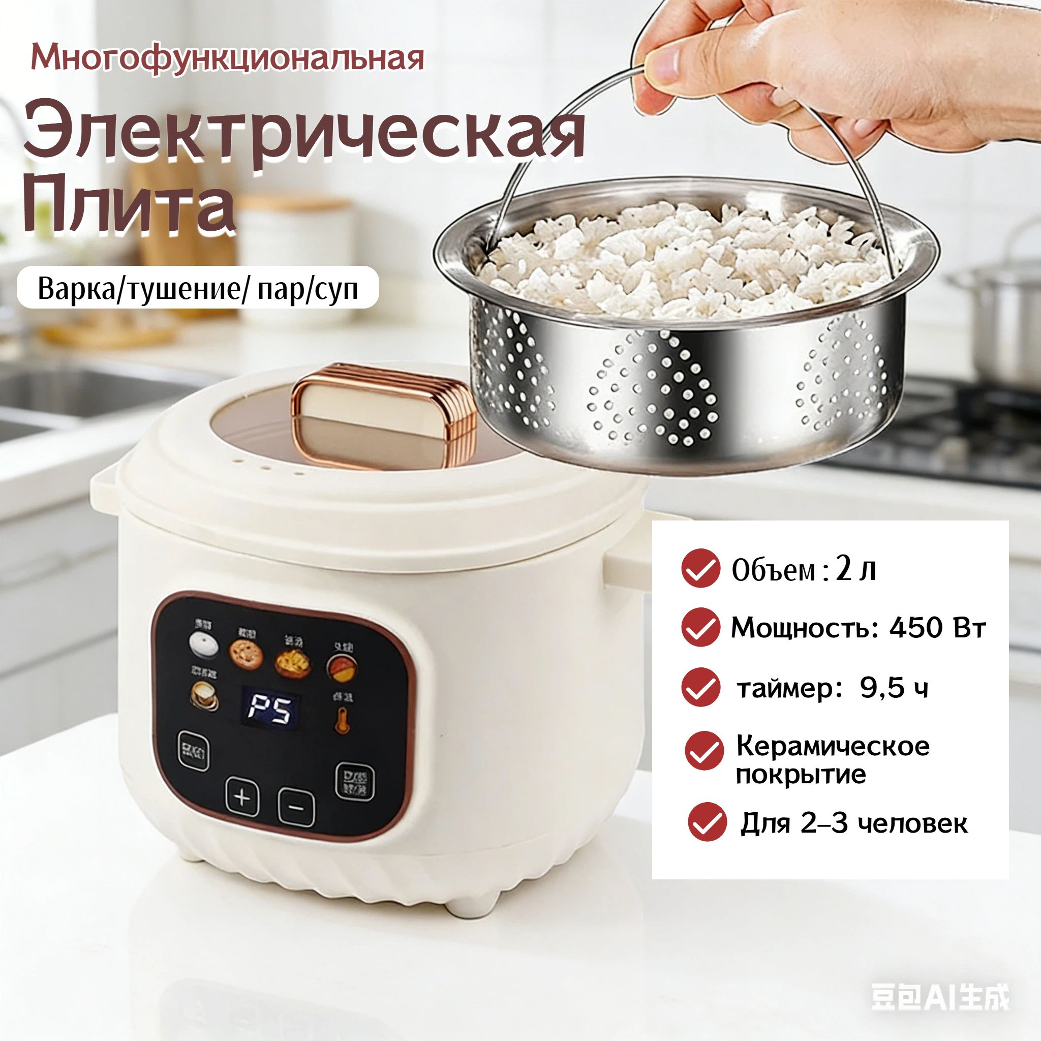 Пароварка электрическая SKU605, слоновая кость, Пароварка электрическая из пластика в цвете слоновая кость