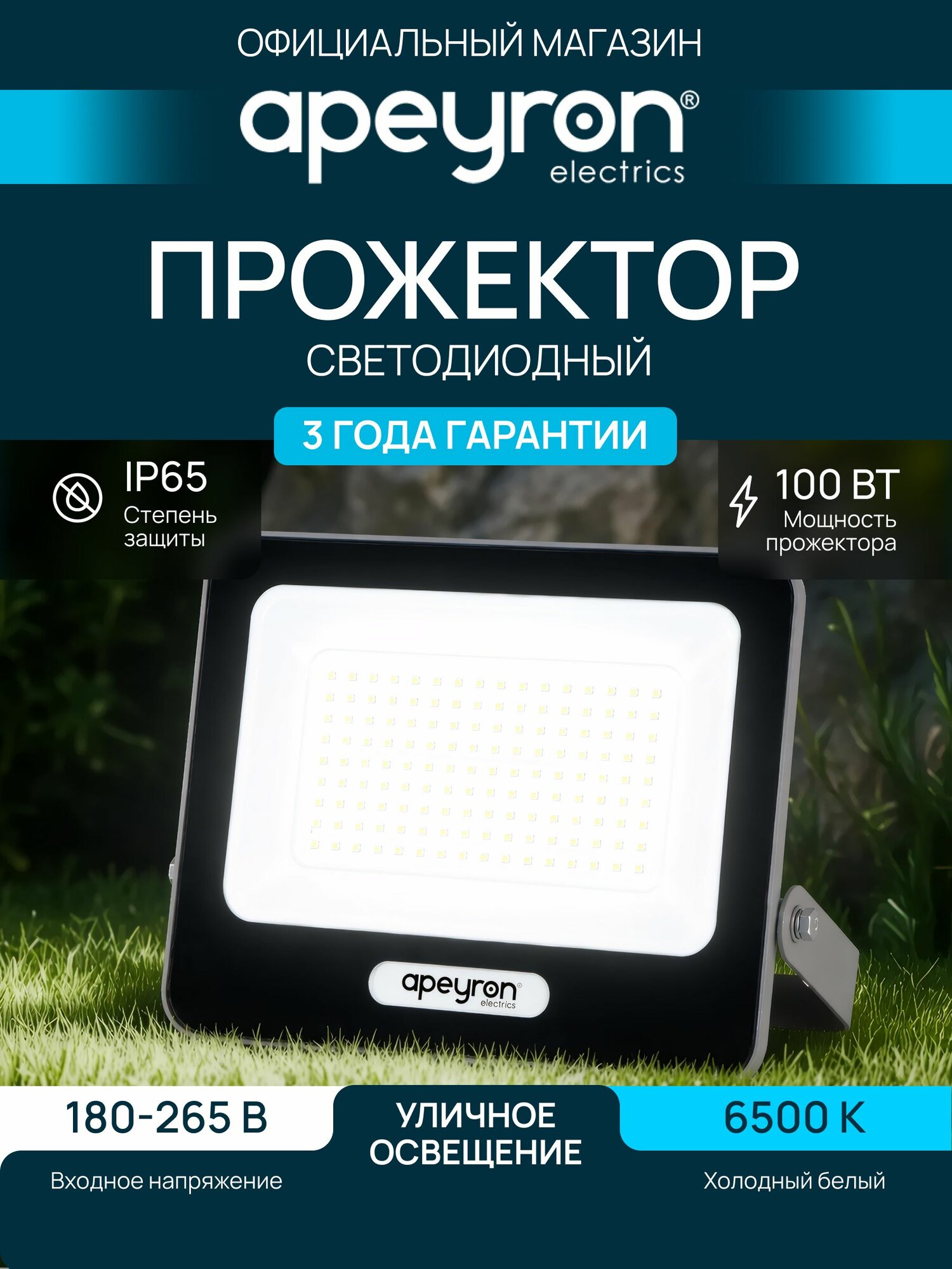 Прожектор светодиодный уличный влагозащищенный Apeyron 100Вт, 6500К, 12000Лм, IP65, черный
