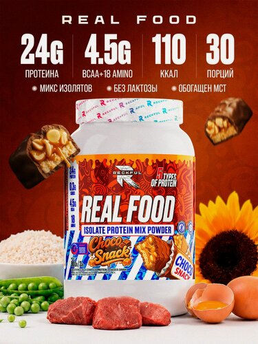 Изображение товара Reckful Real Food Многокомпонентный протеин без лактозы, Multi Protein Isolate 900 гр 30 порций со вкусом арахисовый батончик
