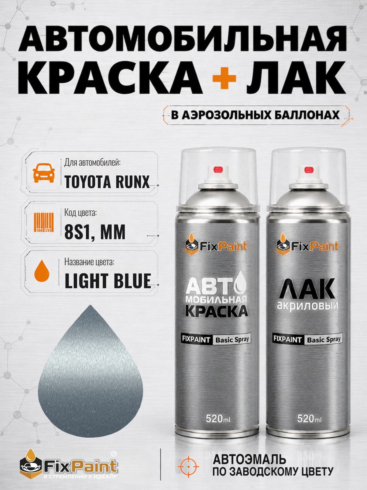 Краска и лак для TOYOTA RUNX, код 8S1, MM, LIGHT BLUE, автомобильная эмаль базовая и акриловый глянцевый лак FixPaint в аэрозольных баллонах 520 мл