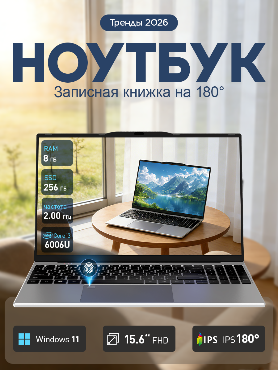 Ноутбук W&O 15,6" Intel Core i3-6006U 8/256 ГБ SSD IPS Full Hd, Windows 11 Pro, для работы и учебы