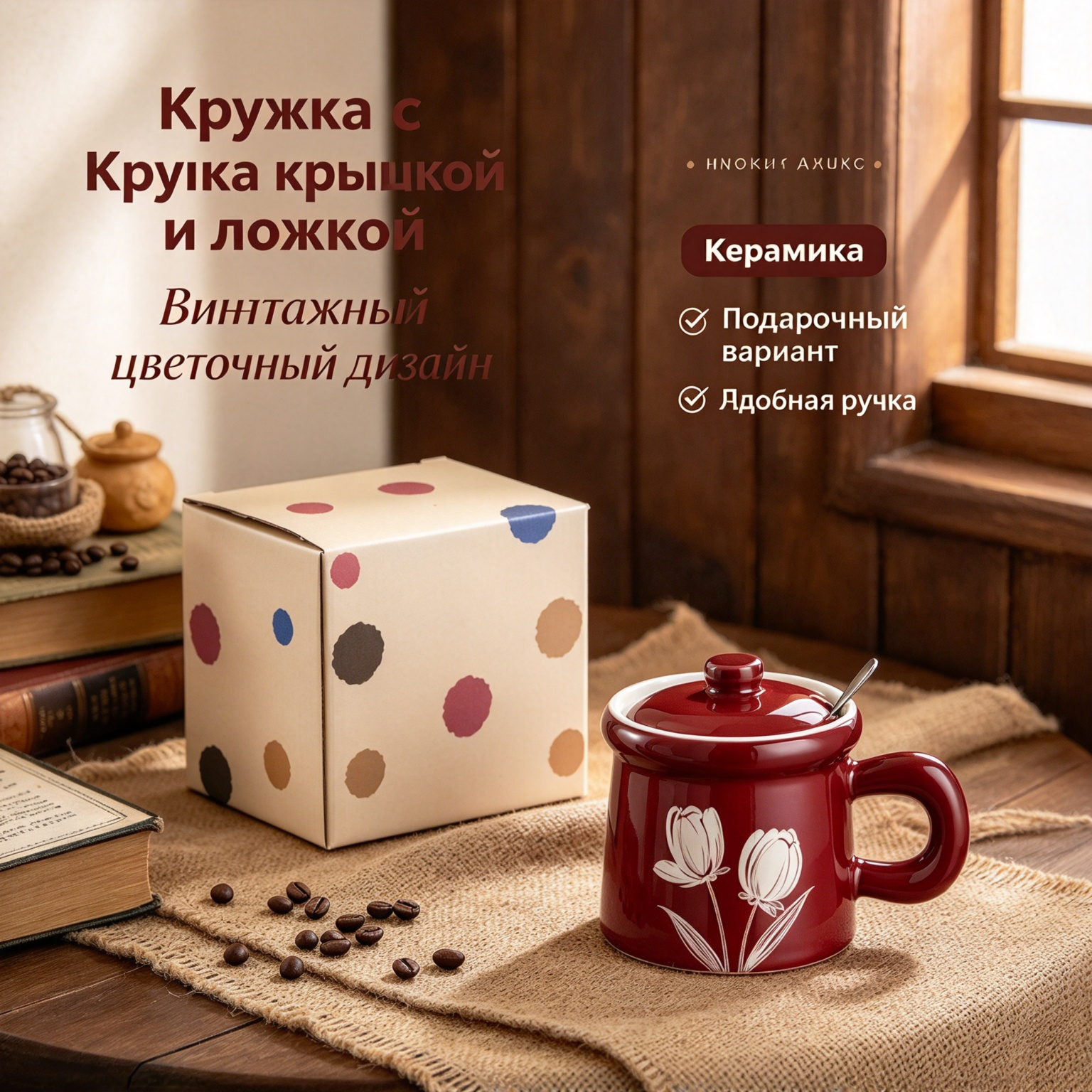 Винтажный кофейный набор с бордовыми цветами, керамическая кружка с блюдцем и ложкой, подарочный набор для чая и кофе
