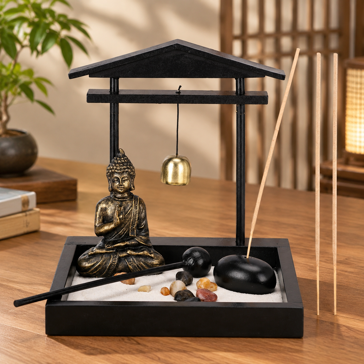 Zen Style Resin Buddha Sand Garden Tray Tabletop Waterless Fountain Decoration Modern Innovative Home Ornament for Living Room Black Craft1906 170X160X100 mm Serene Meditation Gift