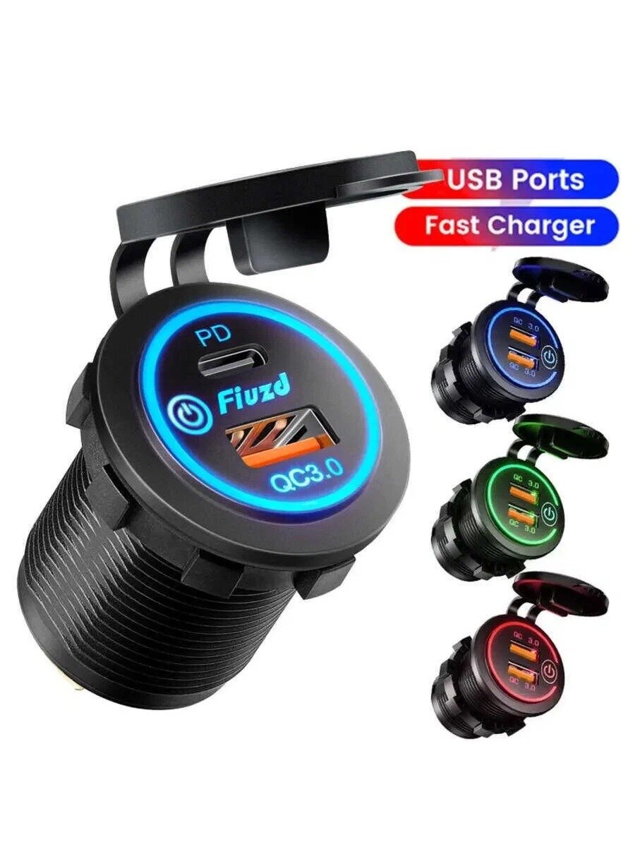 Разъём USB + type C авто врезной, врезная розетка в прикуриватель, 12v-24v
