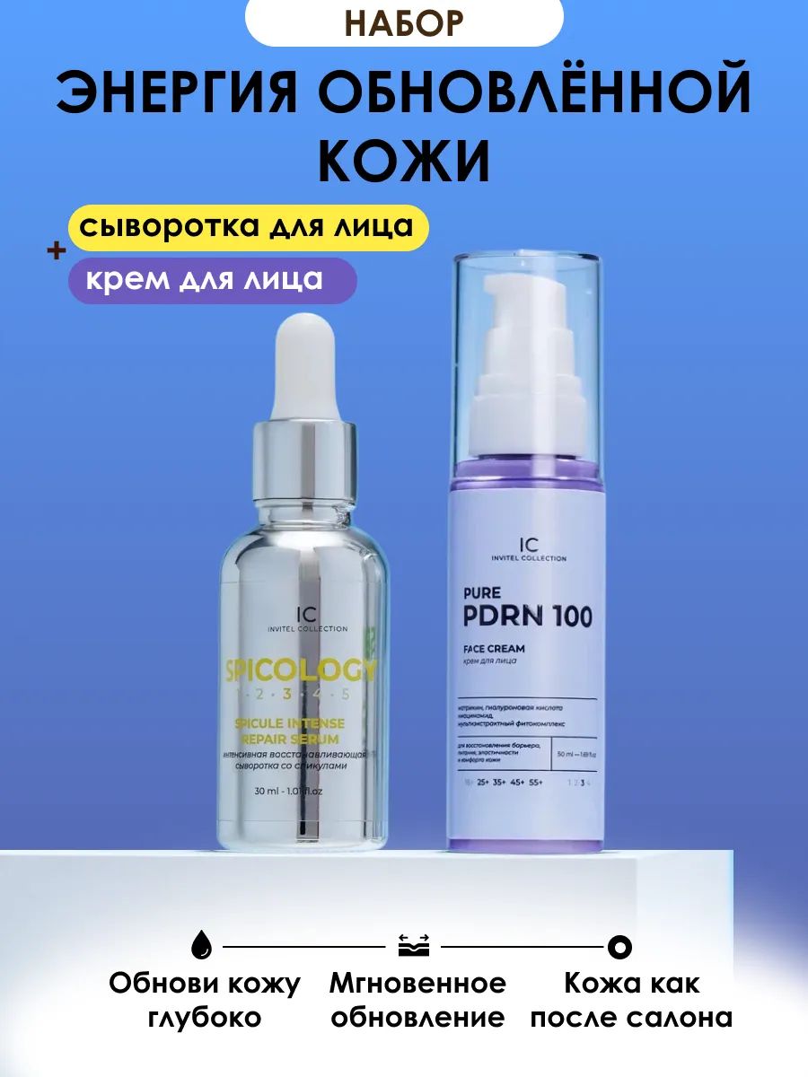 INVIT Сыворотка для лица с микроиглами (спикулами) и крем для лица с PDRN, увлажняющий, антивозрастной, набор уходовой косметики