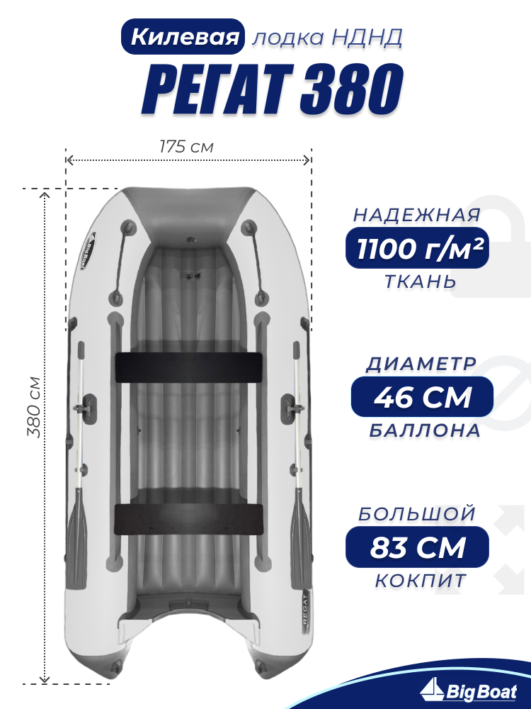 Надувная, под мотор, килевая лодка из ПВХ для рыбалки Regat (Регат) 380 НДНД
