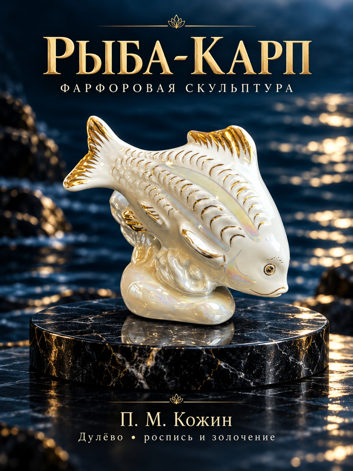 Статуэтка "Рыба-карп", скульптор П. М. Кожин, фарфор, роспись, золочение, Дулевский фарфоровый завод (Дулёво), СССР