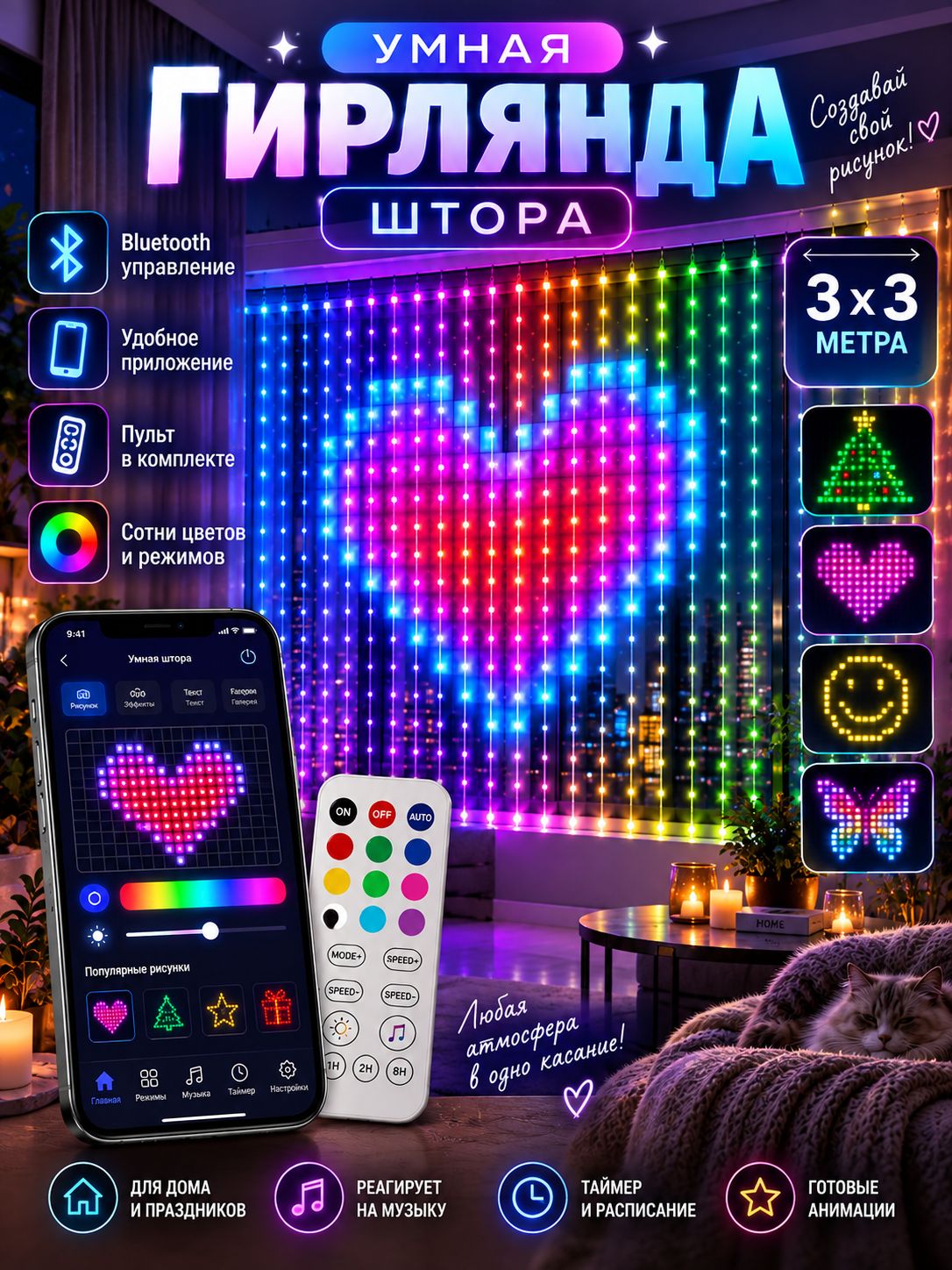 Гирлянда штора умная с анимацией RGB 3x3 м