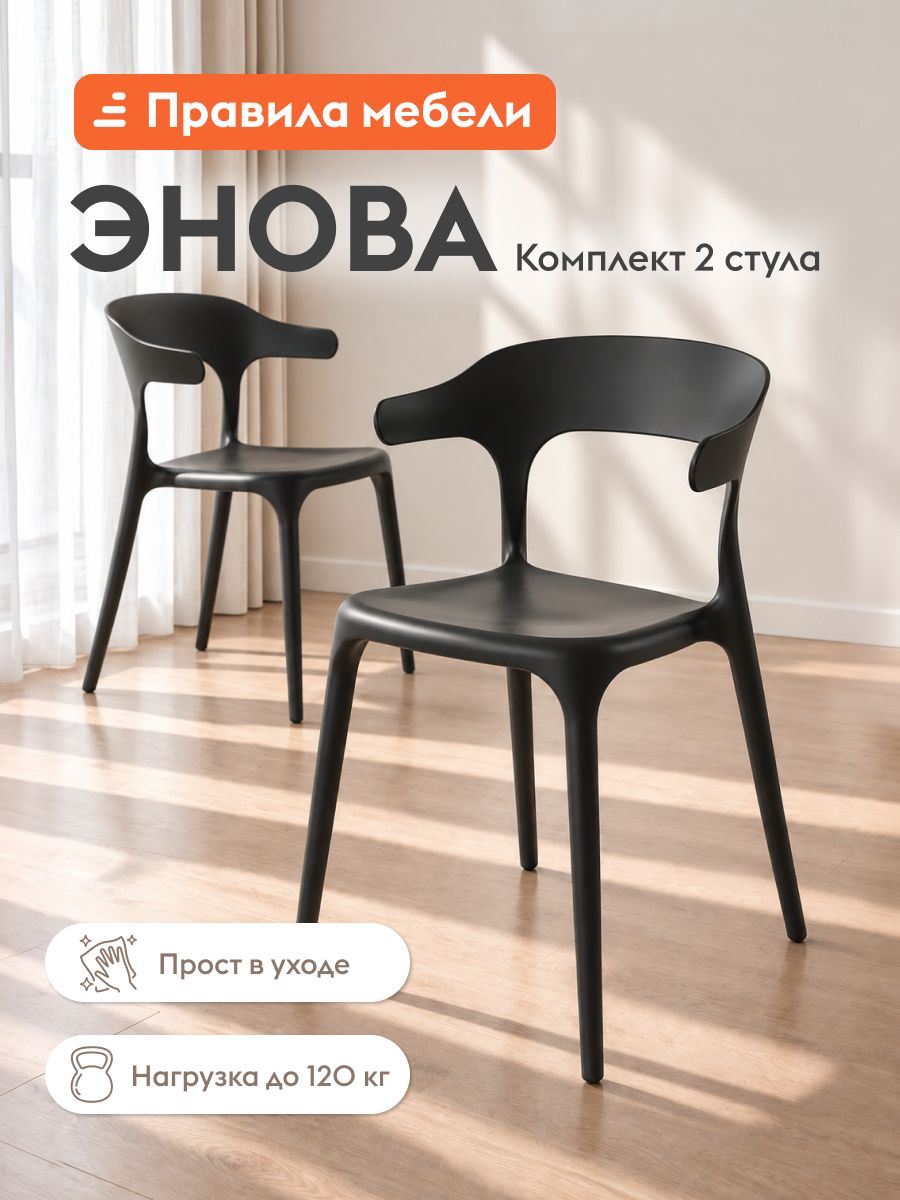 Комплект стульев для кухни Энова 2 шт, пластиковые, без подлокотников, 40х44х75 см, Черный, пластик