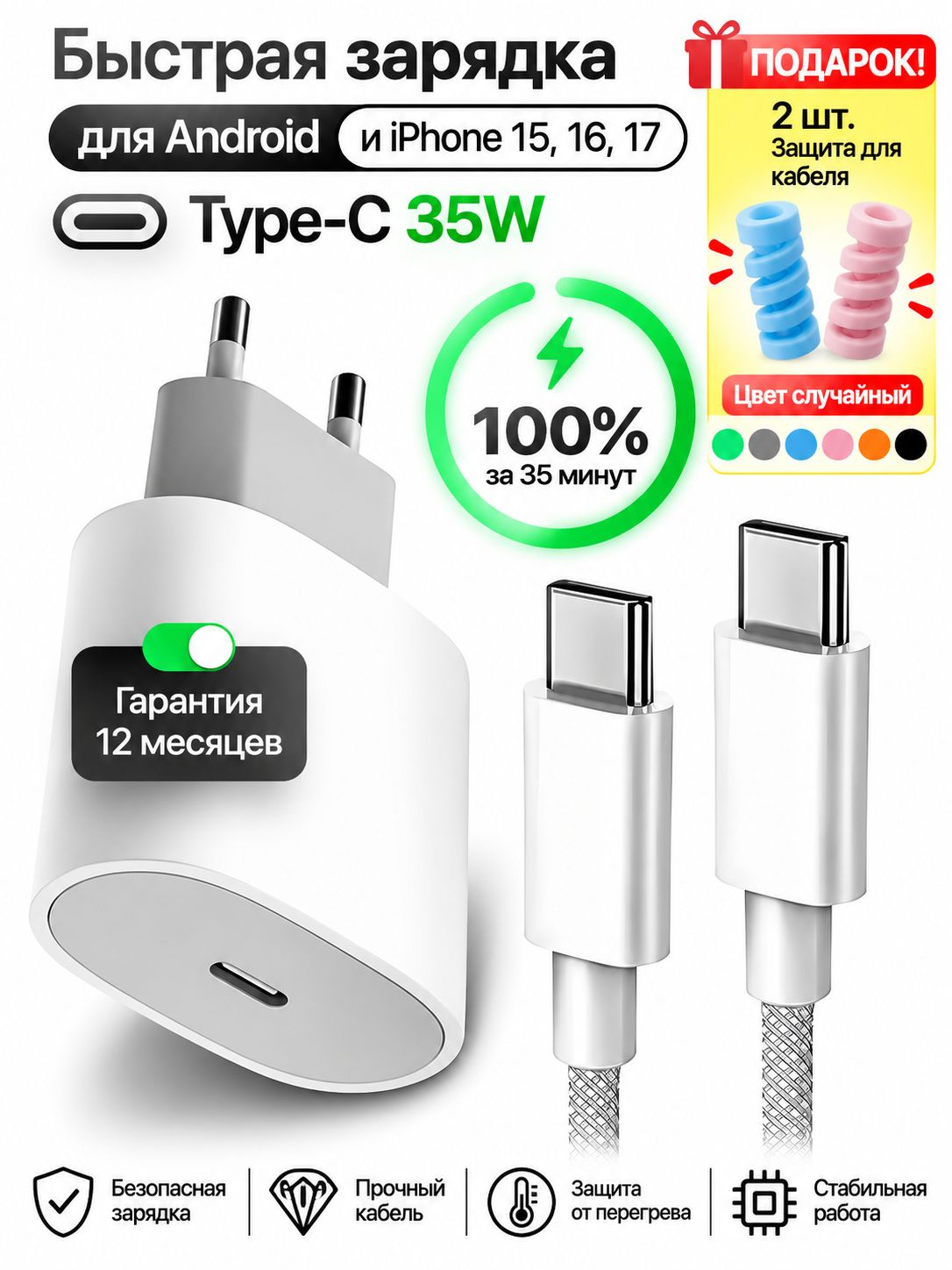 Быстрая зарядка type-c 35W / Зарядное устройство / Блок питания с кабелем тайпси / Зарядка для телефона Android и iPhone 15/16/17