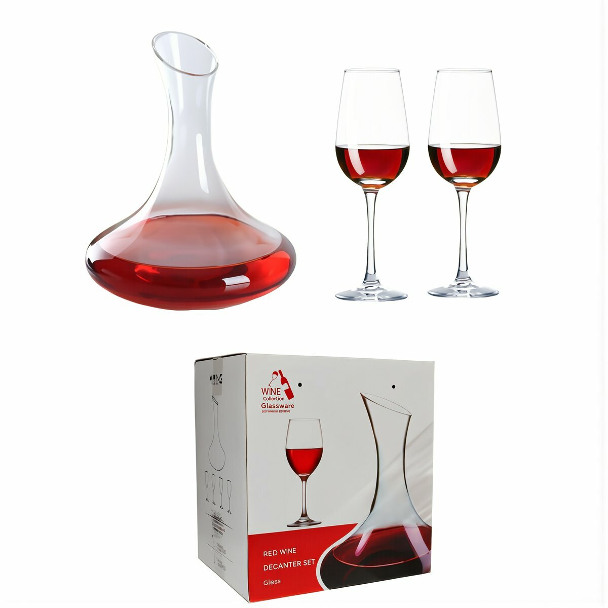 Набор из декантера и 6 бокалов по 320 мл для красного вина из прозрачного стекла в подарочной упаковке для домашнего сервировки стола, Декантер без ручки + 2 бокала, подарочная упаковка