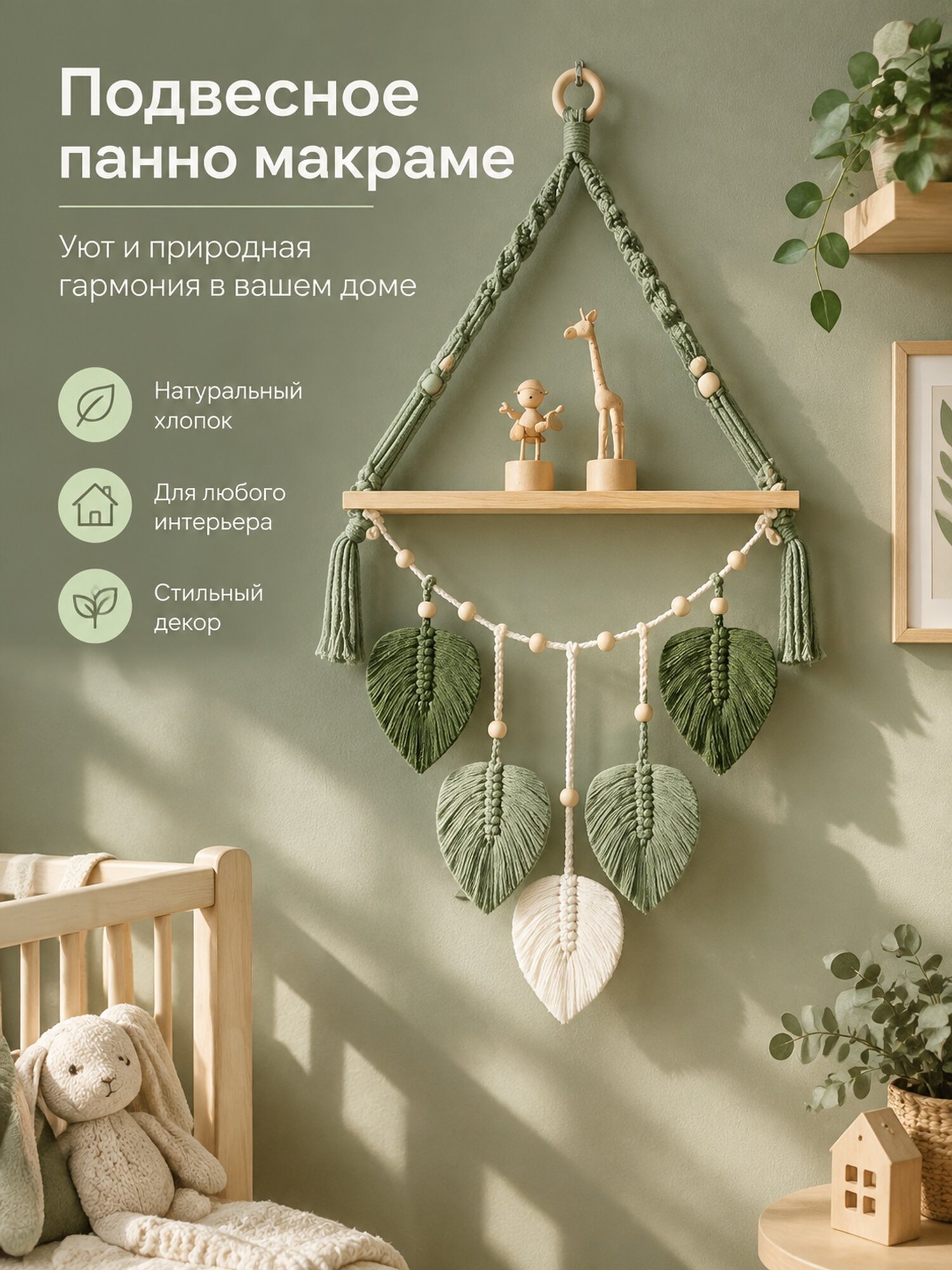 Подвесное хлопковое панно макраме с листьями, зеленое