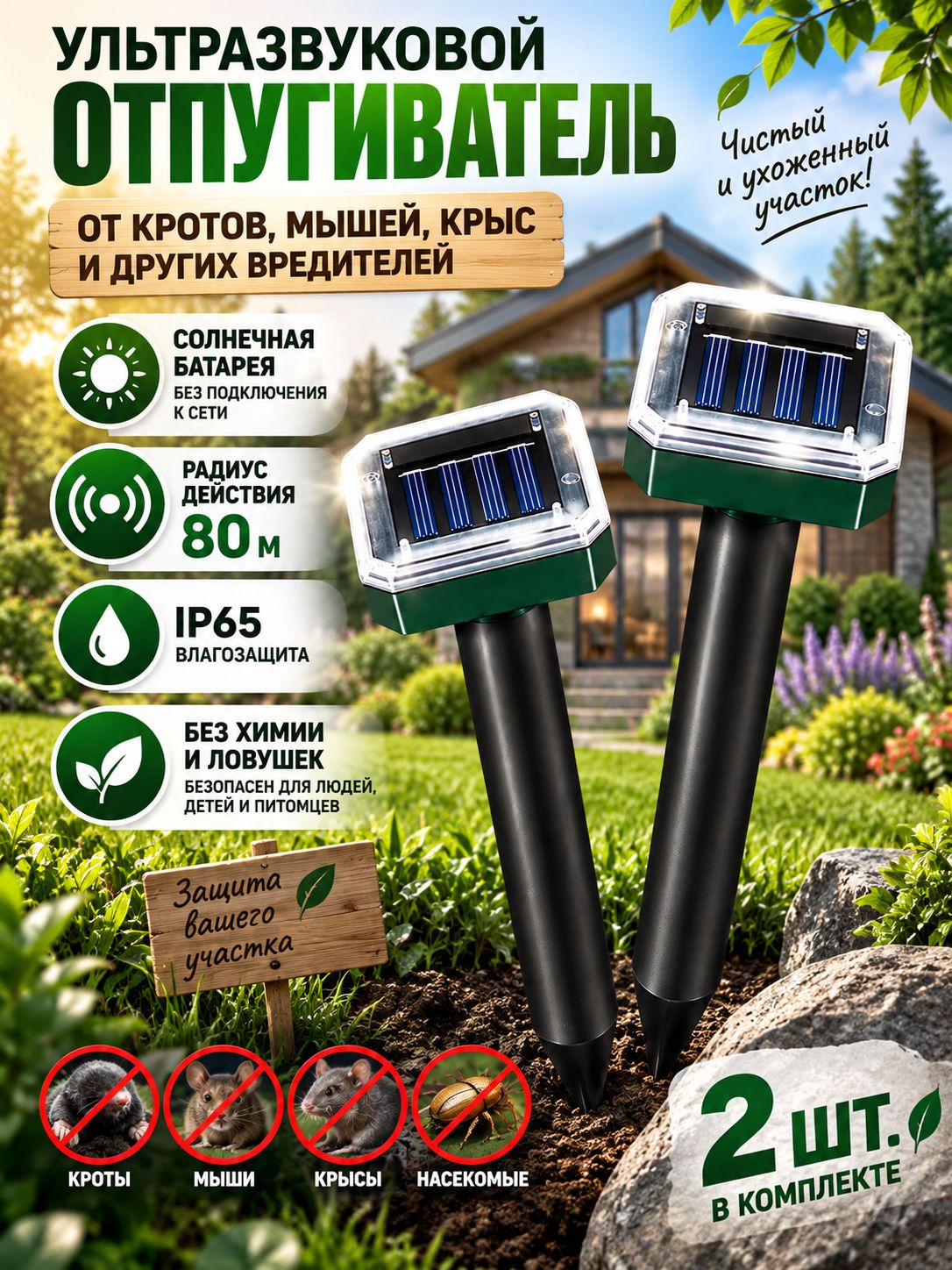 Отпугиватель ультразвуковой , 2 шт / Отпугиватель кротов мышей крыс вредител, ультразвуковой прибор для защиты дома,