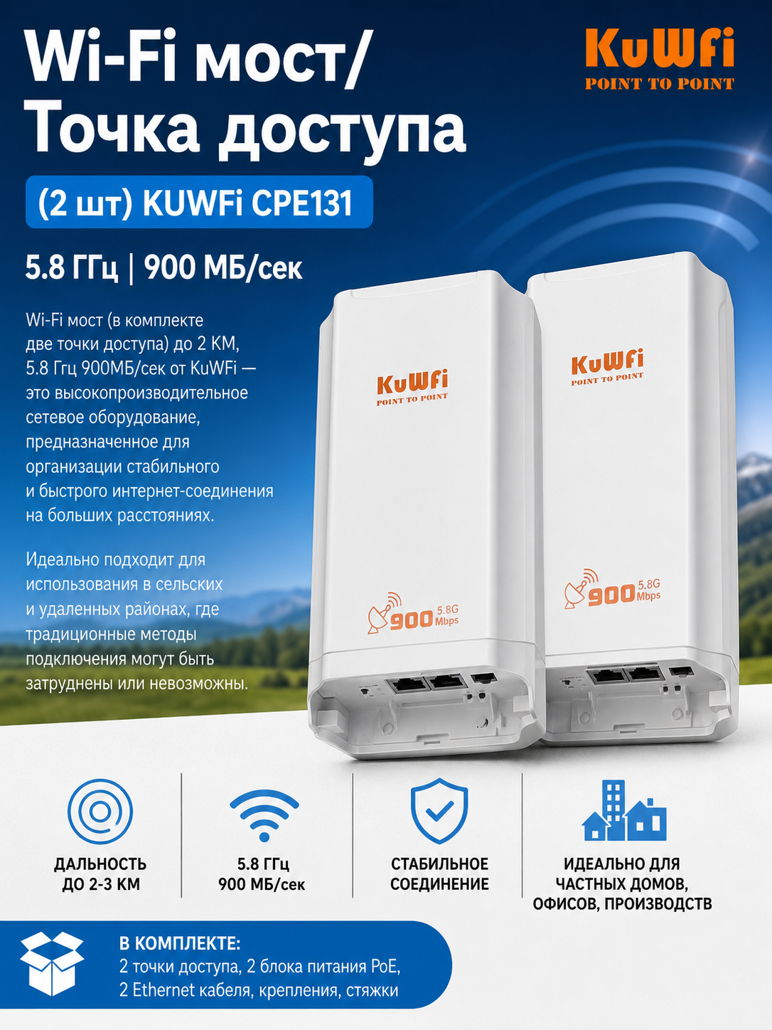 Wi-Fi мост, точка доступа KUWFi CPE131, 5.8 Ггц 900МБ/сек 2 штуки