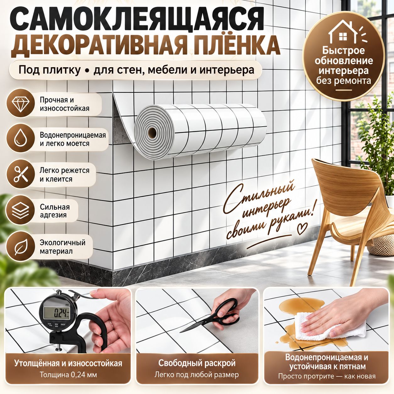 Самоклеящиеся обои под мраморную плитку (рулон) Влагостойкое ПВХ-покрытие для кухни и ванной,10,6, белый, зеркальный,0.6