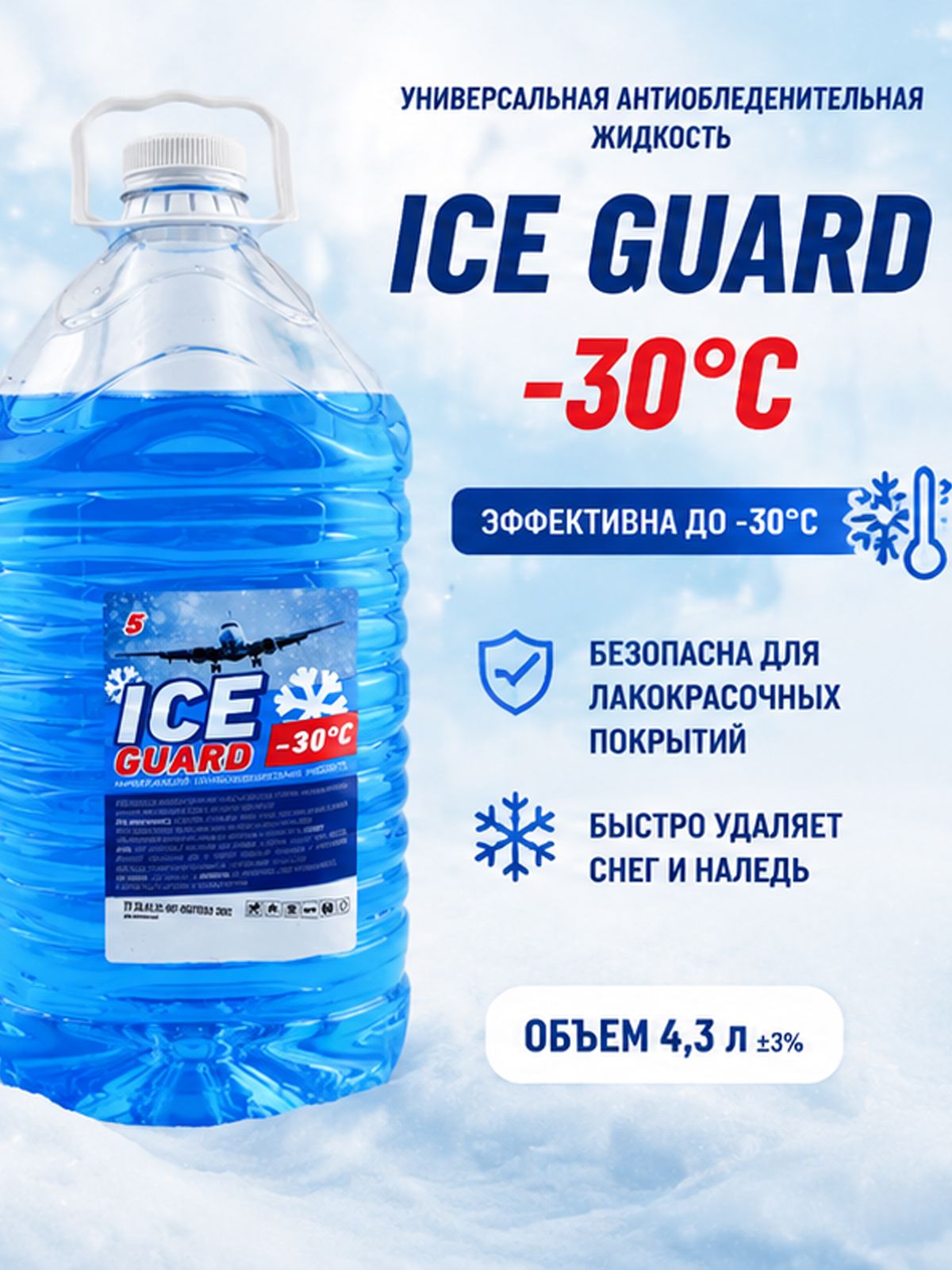 Антиобледенитель для стекол автомобиля ICE GUARD, антиобледенительная жидкость 4,3 л для удаления льда, снега и наледи с металлических, пластиковых и бетонных поверхностей, до -30C