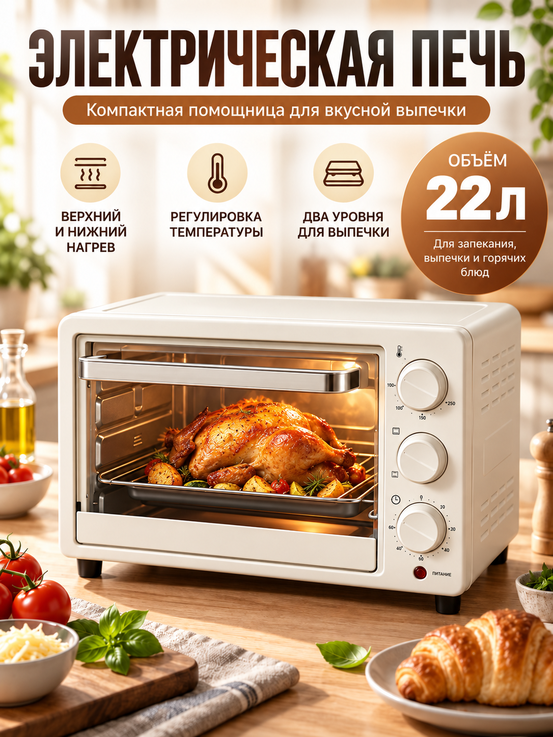 Электрическая печь белая 7 л, настольная мини духовка, ручная настройка температуры для готовки блюд дома