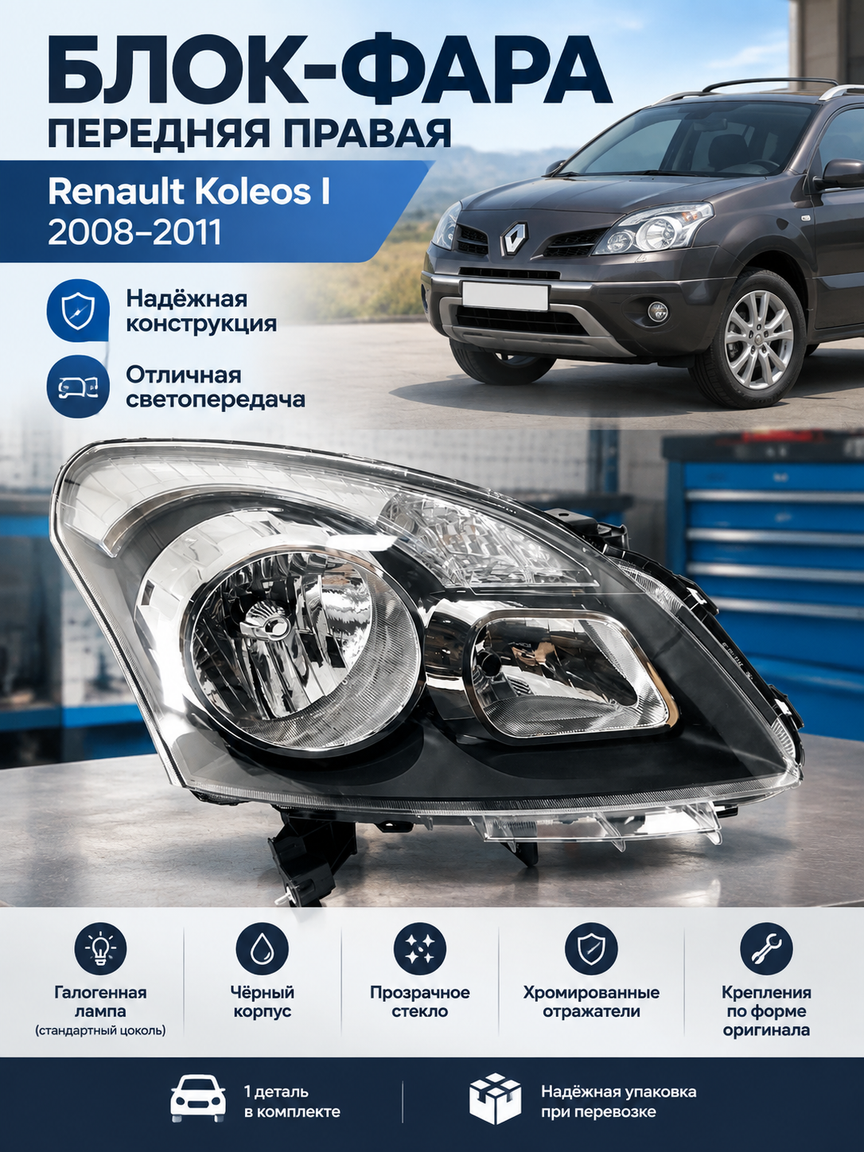Блок-фара передняя правая Renault Koleos 2008-2011, галоген, чёрный корпус, 1 шт.