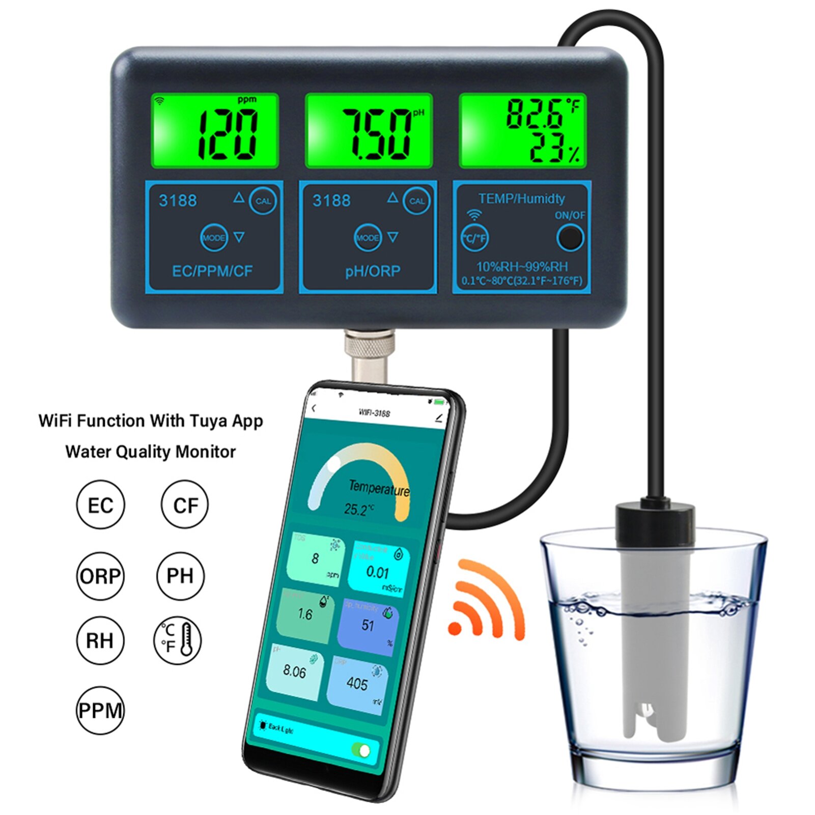 Tuya WiFi 7в1 тестер качества воды Многопараметрический анализатор воды Цифровой дисплей PH/ORP/EC/PPM/CF/измеритель контроля влажности/температуры для питьевой воды Аквариум Аквакультура Бассейн