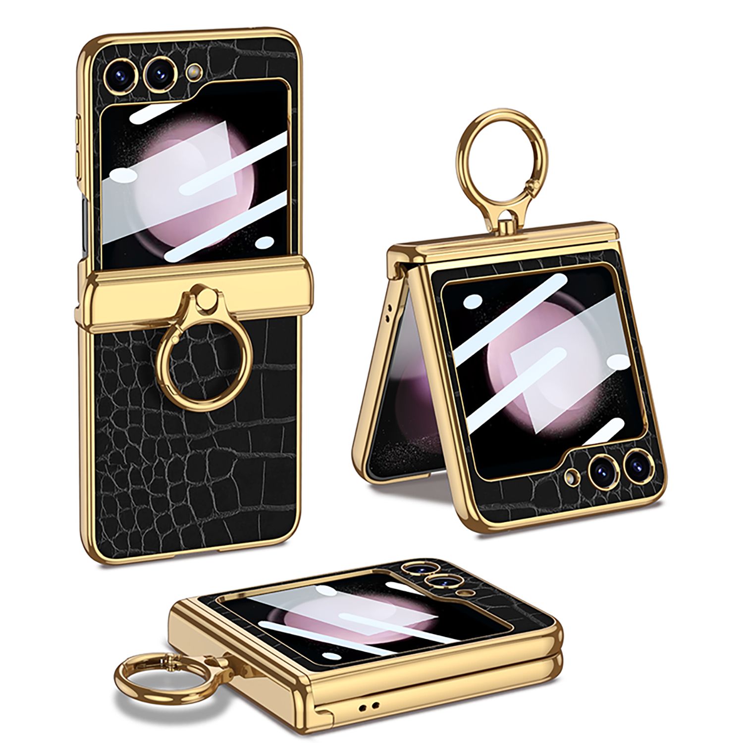 Подходит для Samsung Galaxy Z Flip5 кожаный Чехол для телефона, Самсунг Галакси Z Flip5 Высокая четкость с передней пленкой из закаленного стекла шарнир магнитного отсоса, Z Flip5