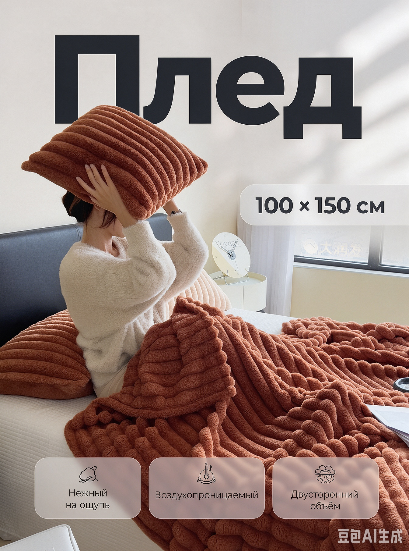 Плед 100 х 150 cm, пледы, коричневый, плед осенний, плед пушистый, плед теплый, 1 шт