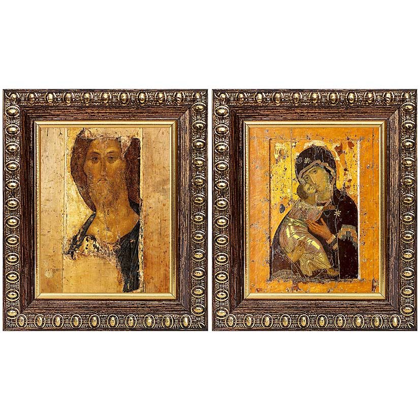 Венчальная пара "Спас Вседержитель (Андрей Рублев, 1410 г) - Владимирская икона Божией Матери (XII в)", две иконы в темных пластиковых рамках 8,5*10 с