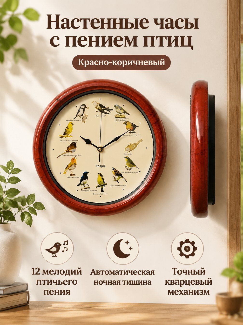 Настенные часы с пением птиц на русском языке, 25 см, бронзовый, пластик