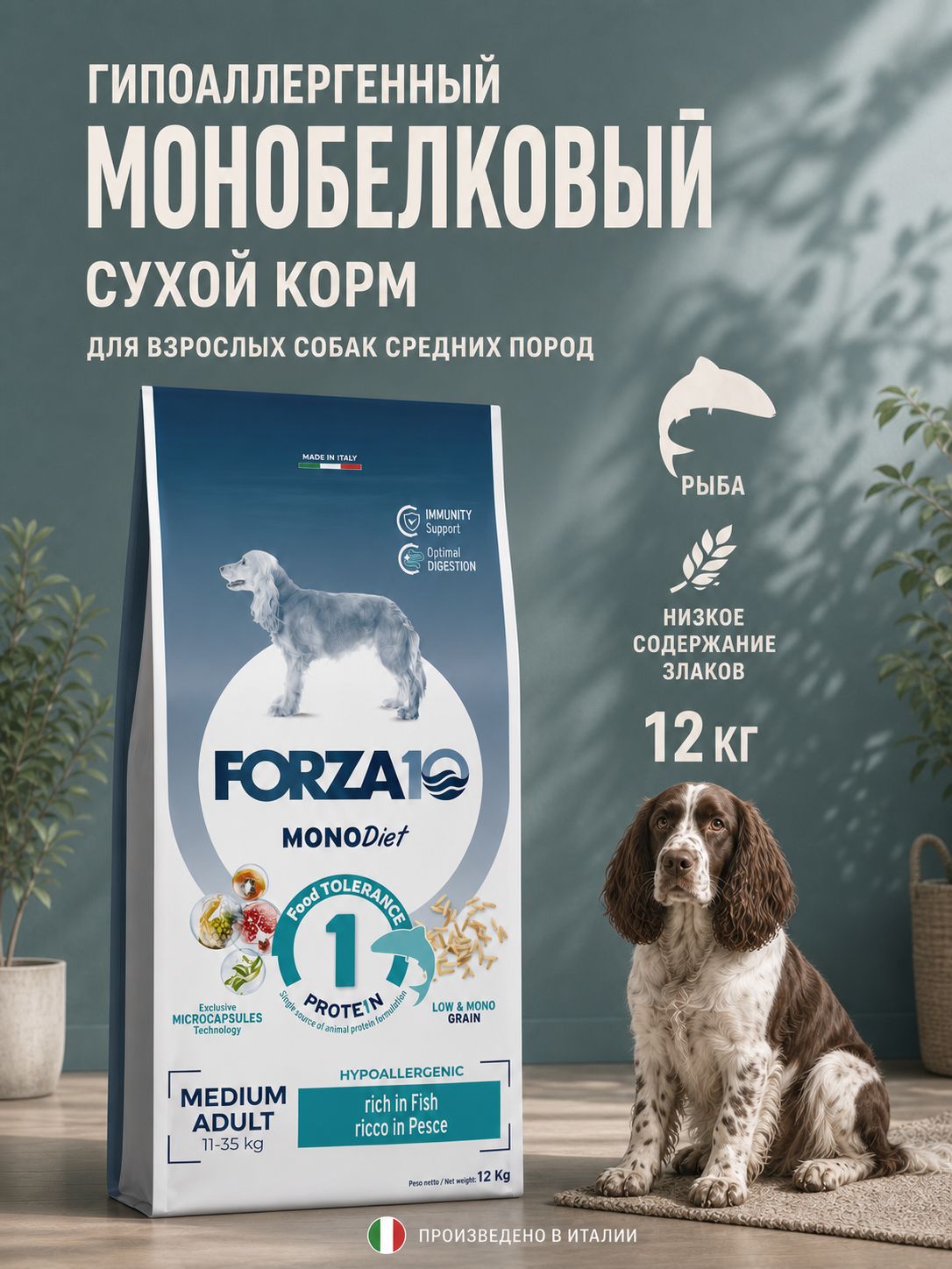 Сухой корм FORZA10 MonoDIET Adult MEDIUM для взрослых собак средних пород с рыбой и рисом, 12 кг