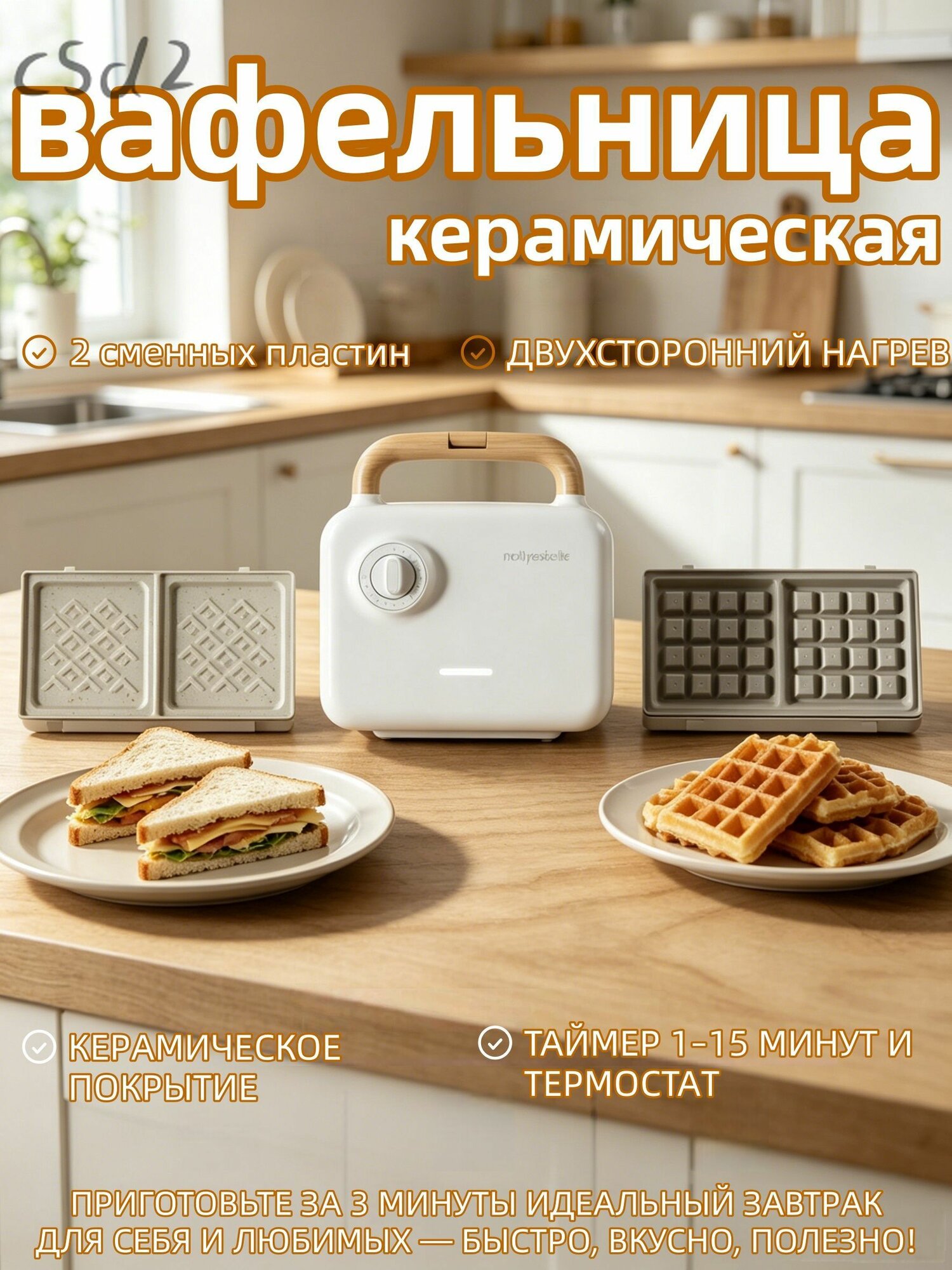 Вафельница керамическая 750 Вт, светло-бежевый