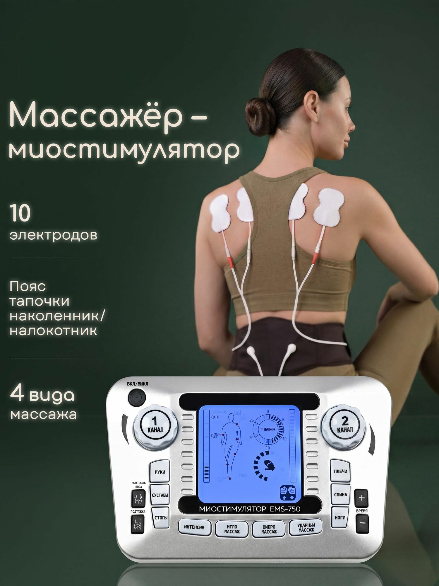 Массажер - миостимулятор Planta EMS-750, 8 электродов, пояс