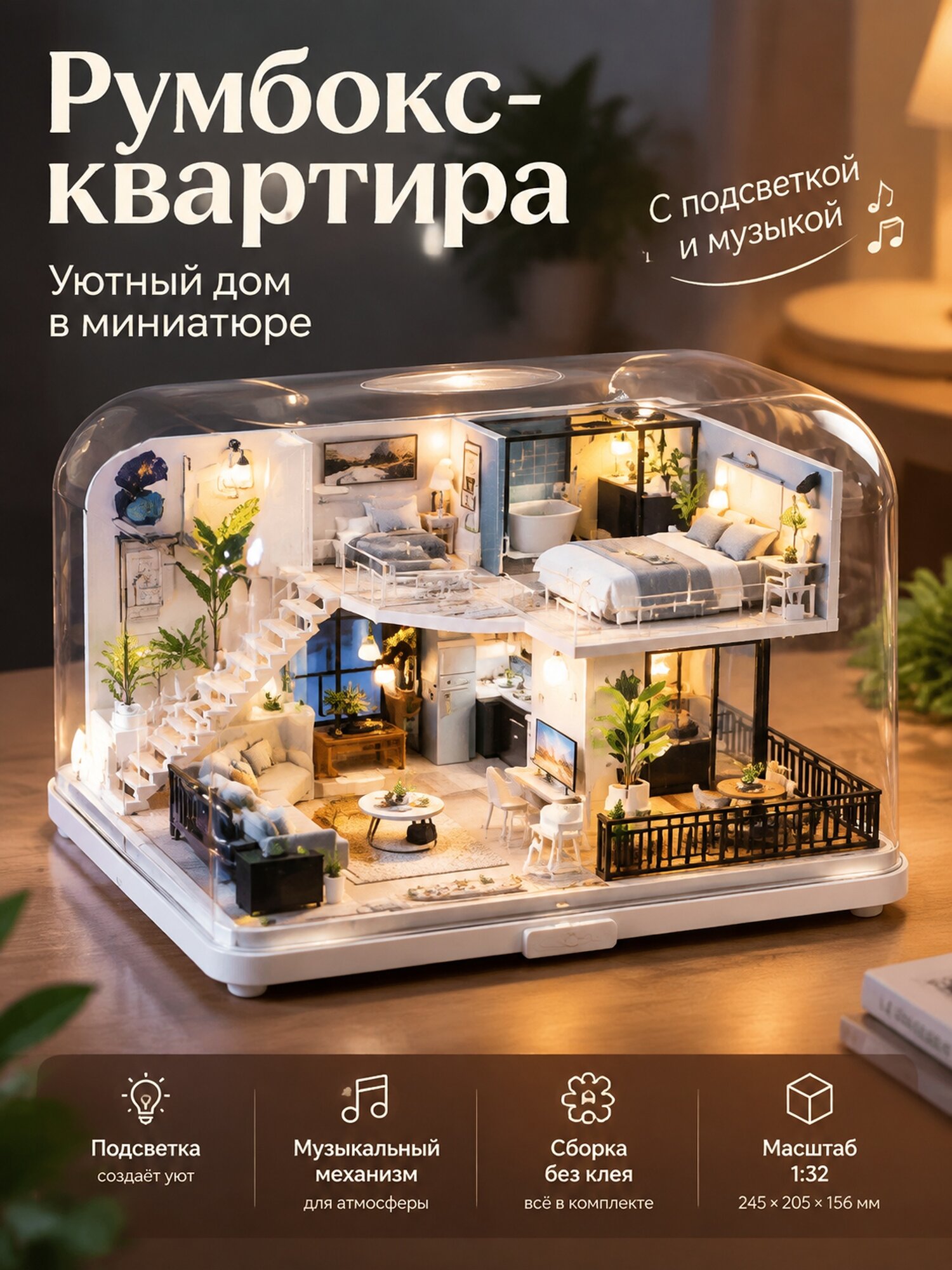 Румбокс-квартира под защитным куполом с подсветкой и музыкальным механизмом, масштаб 1:32