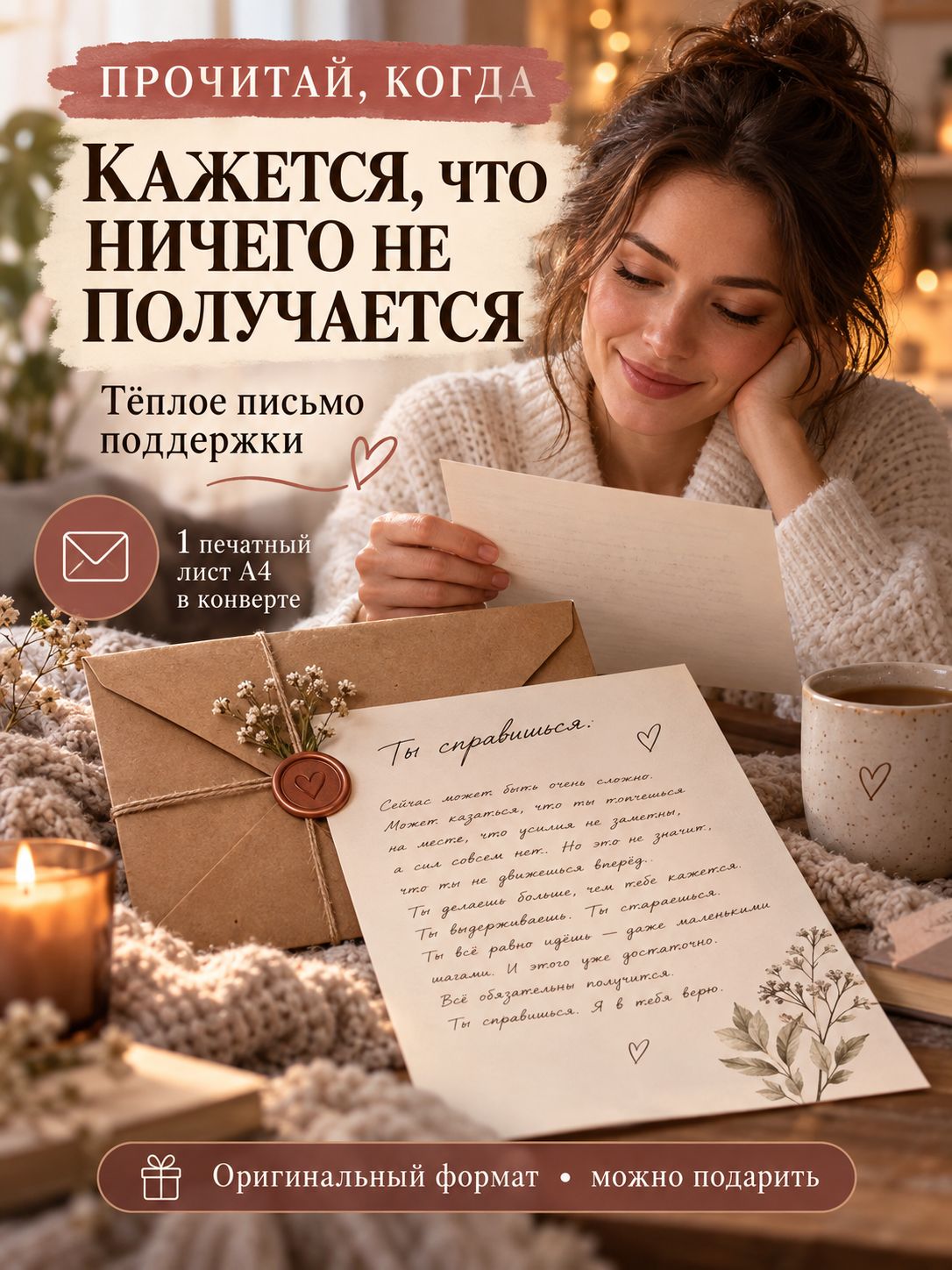Письмо "Когда кажется, что ничего не получается" - мотивирующий текст на листе бумаги А4