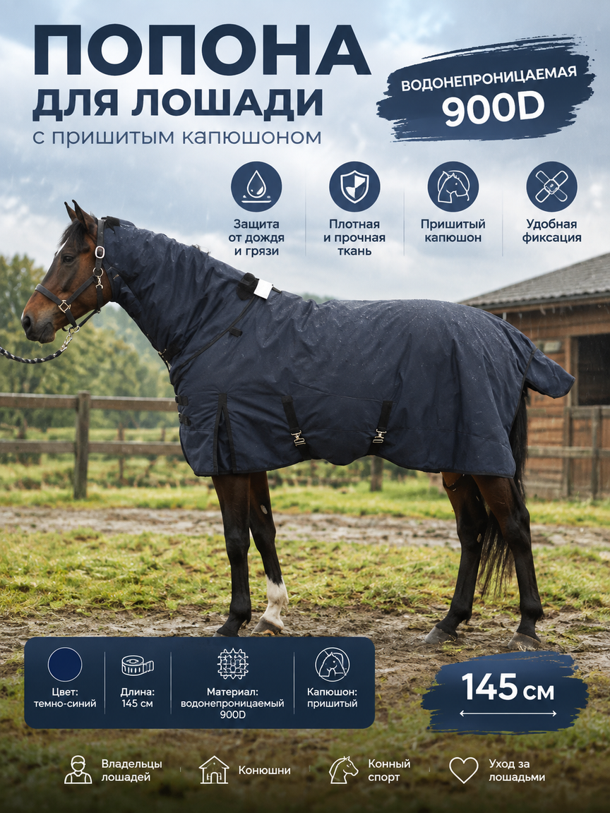 Попона для лошади 900D с капюшоном, водонепроницаемая, темно-синяя, 145 см, для прогулок