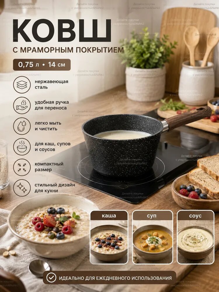 Кухонный ковш 0.8 л 14 см, нержавеющая сталь, мраморное покрытие