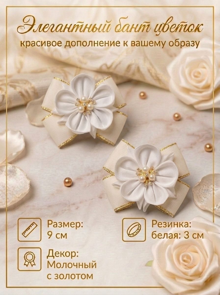 Бантики-цветочки школьные, молочные с золотистым люрексом 2 шт, 9 см, на резинке 3 см, декор золото