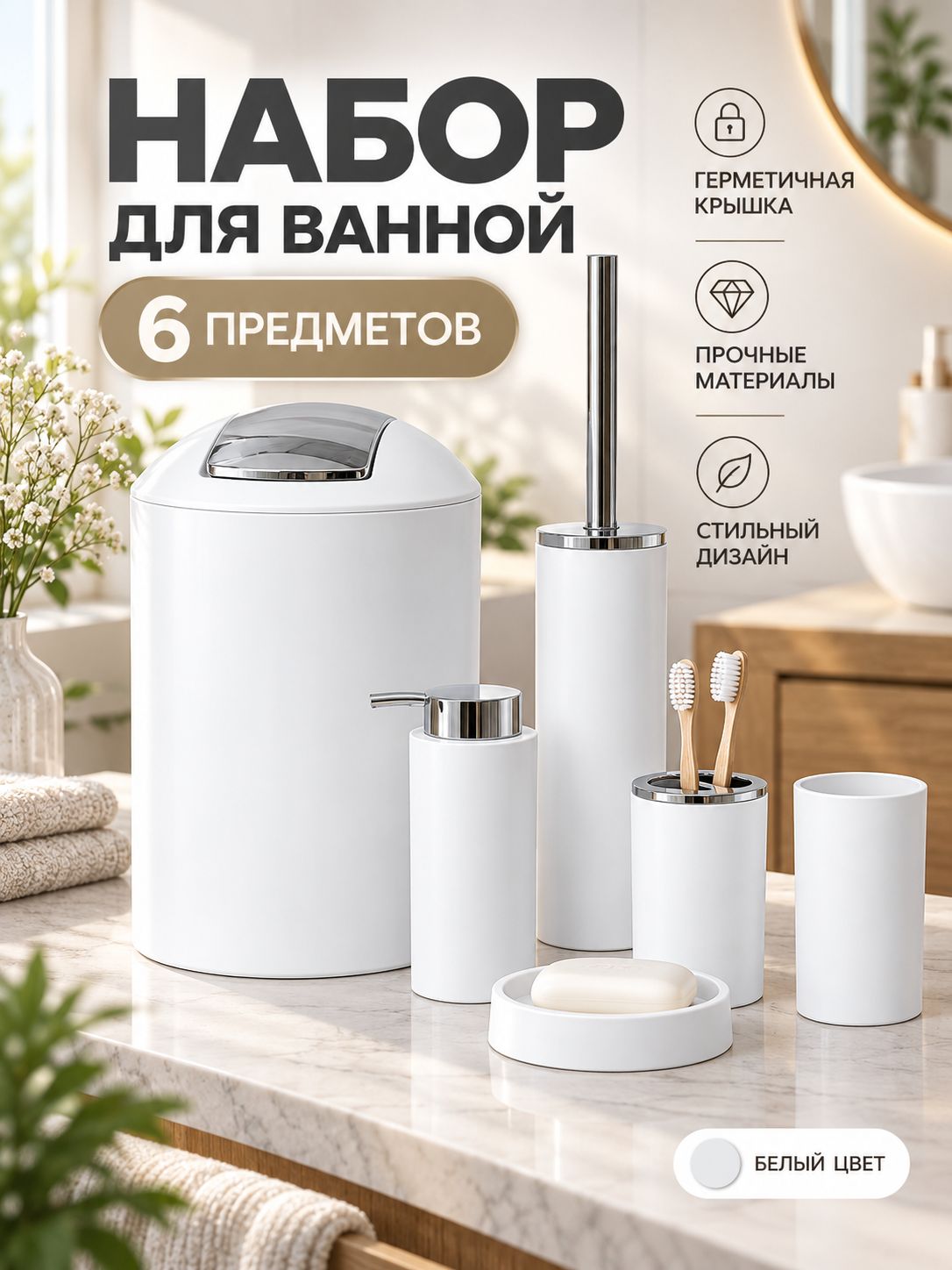 Мусорное ведро Белые наборы круги, 7 л, 6 шт