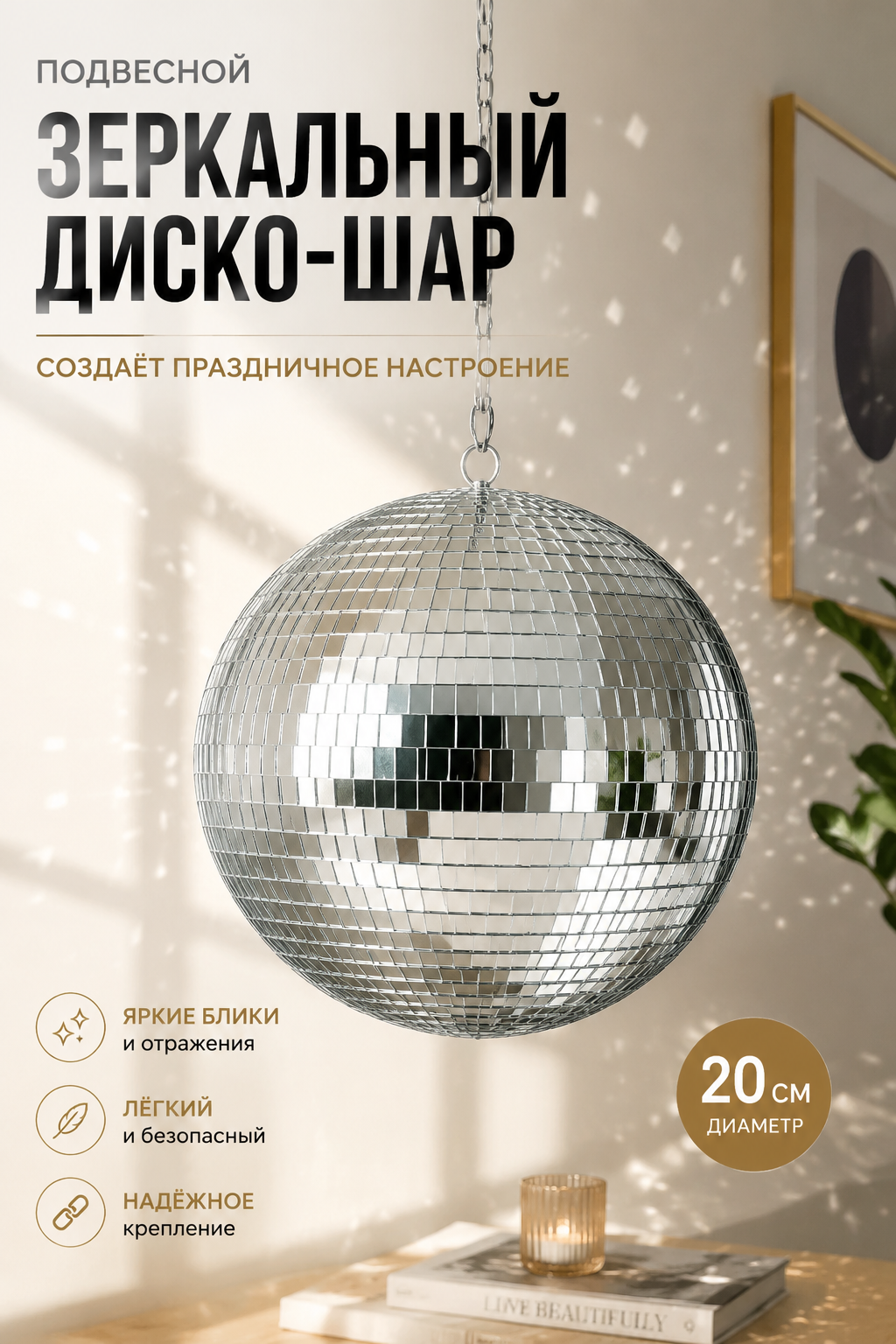 Подвесной зеркальный диско-шар для интерьера, серебристый, 20 см