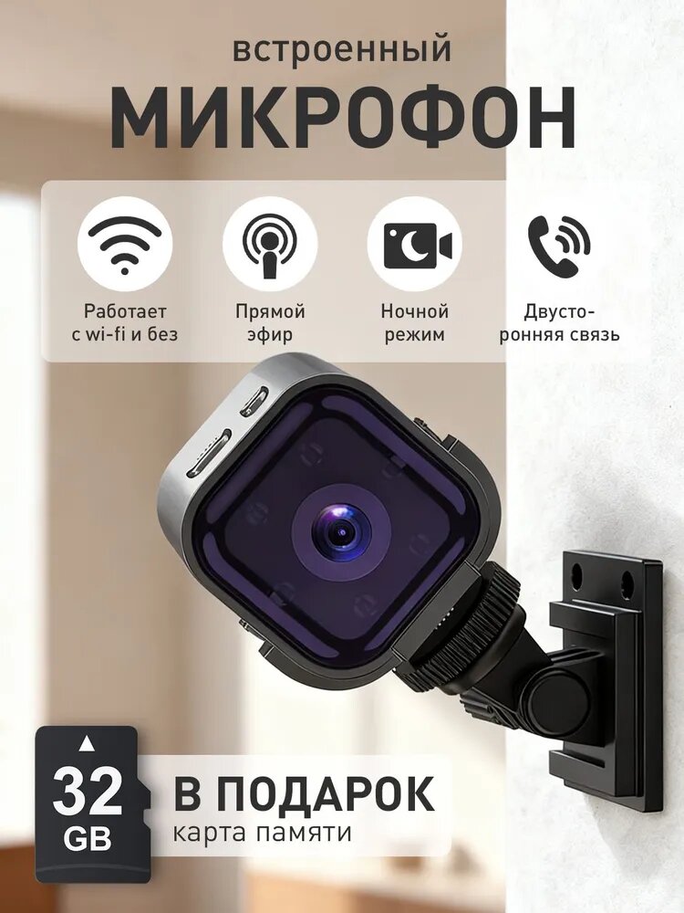 Мини камера видеонаблюдения wifi беспроводная для дома, Ночной режим и двусто ронняя связь