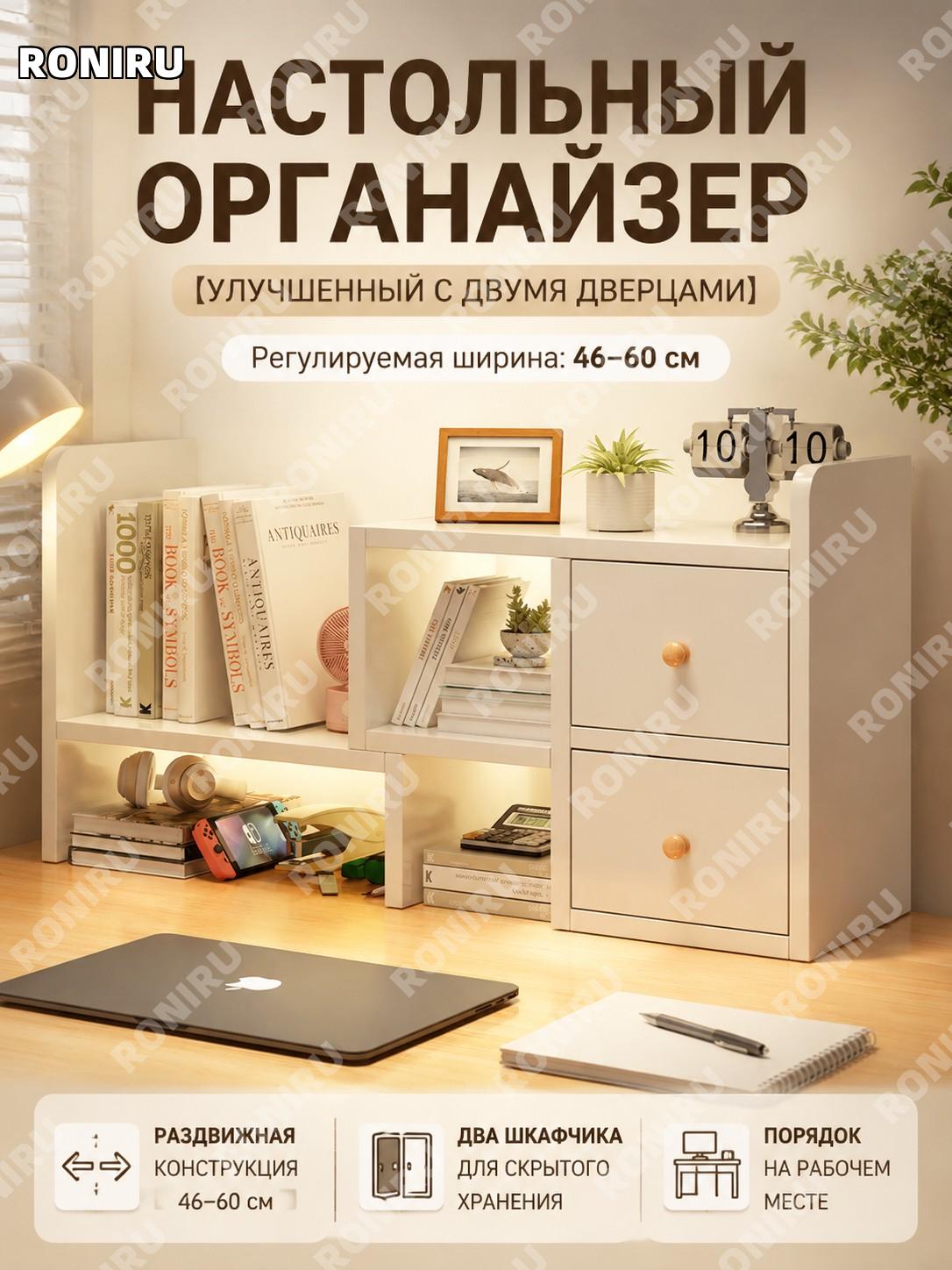 Настольная полка-органайзер с двумя дверцами, раздвижная 46-60 см, теплый белый цвет для рабочего места и офиса
