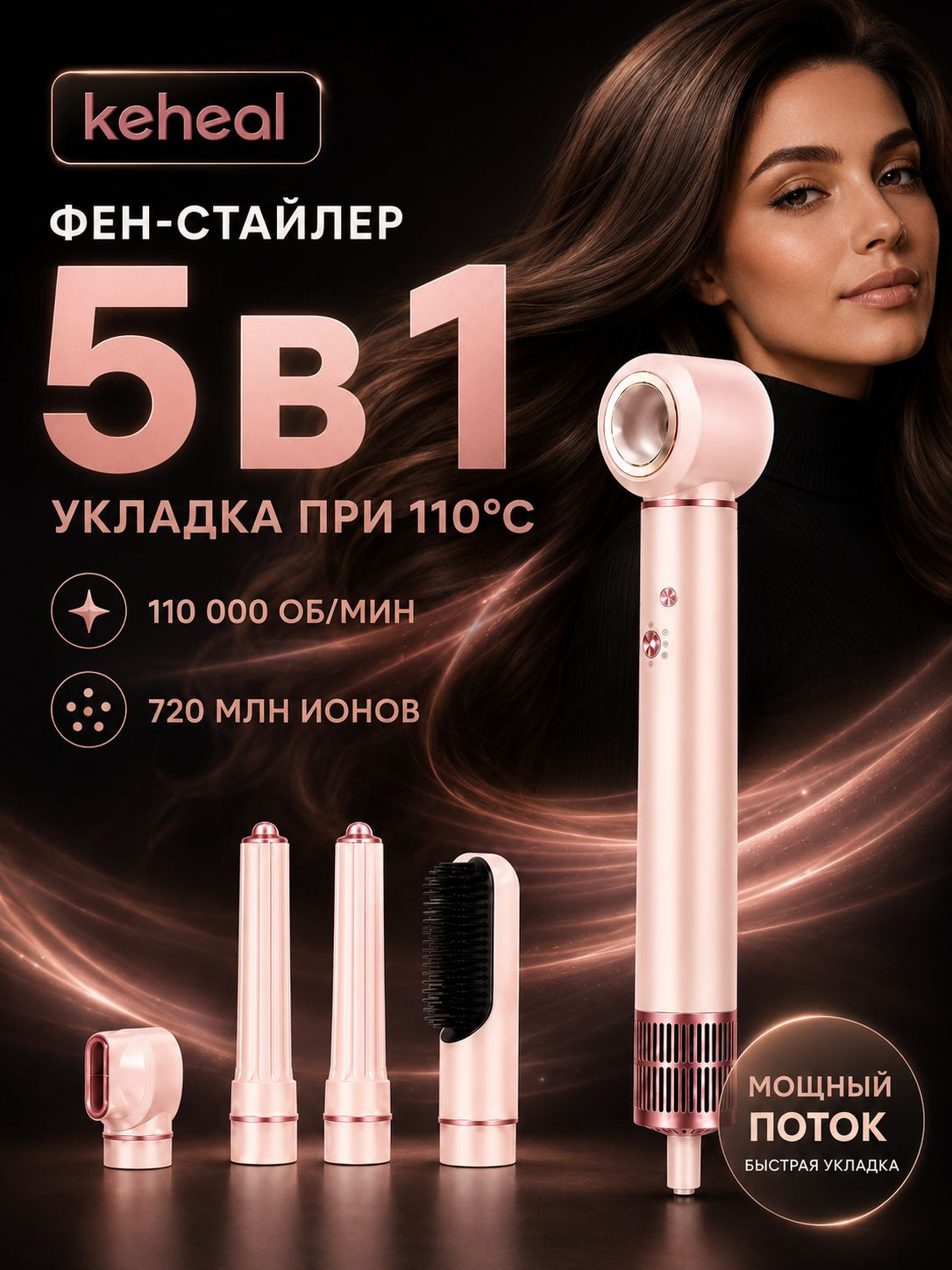 Keheal Фен для волос GC-HM1 1300 Вт, скоростей 1800, кол-во насадок 5, золотой, светло-розовый